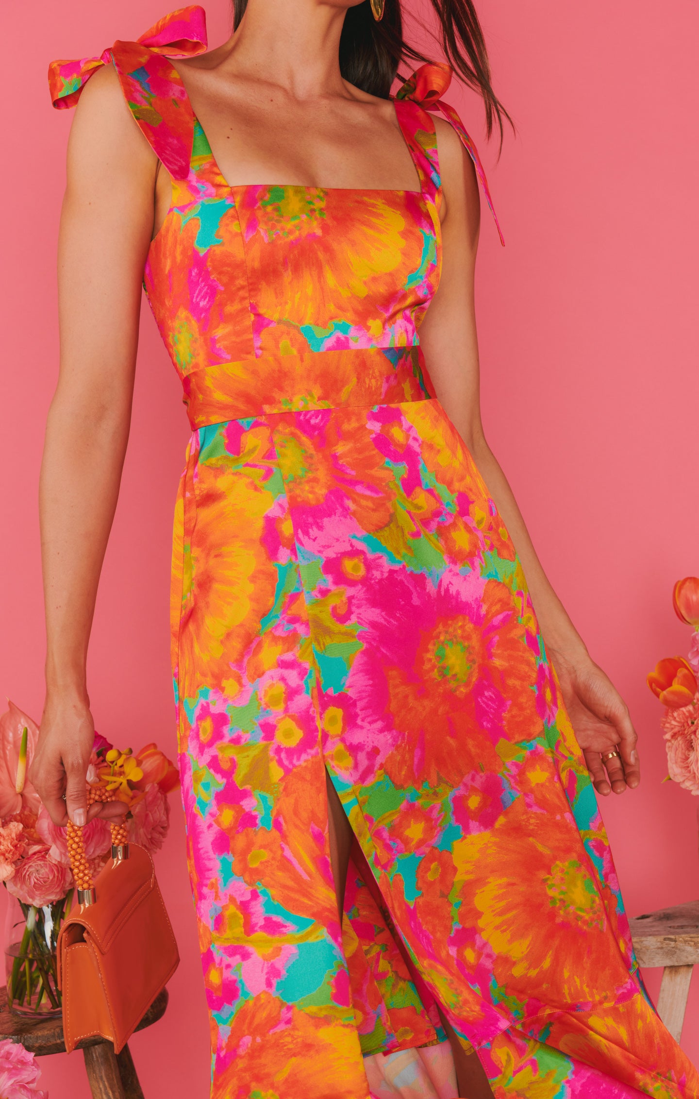 Floral Midi Dress with Adjustable Tie Straps by Miss Malibu