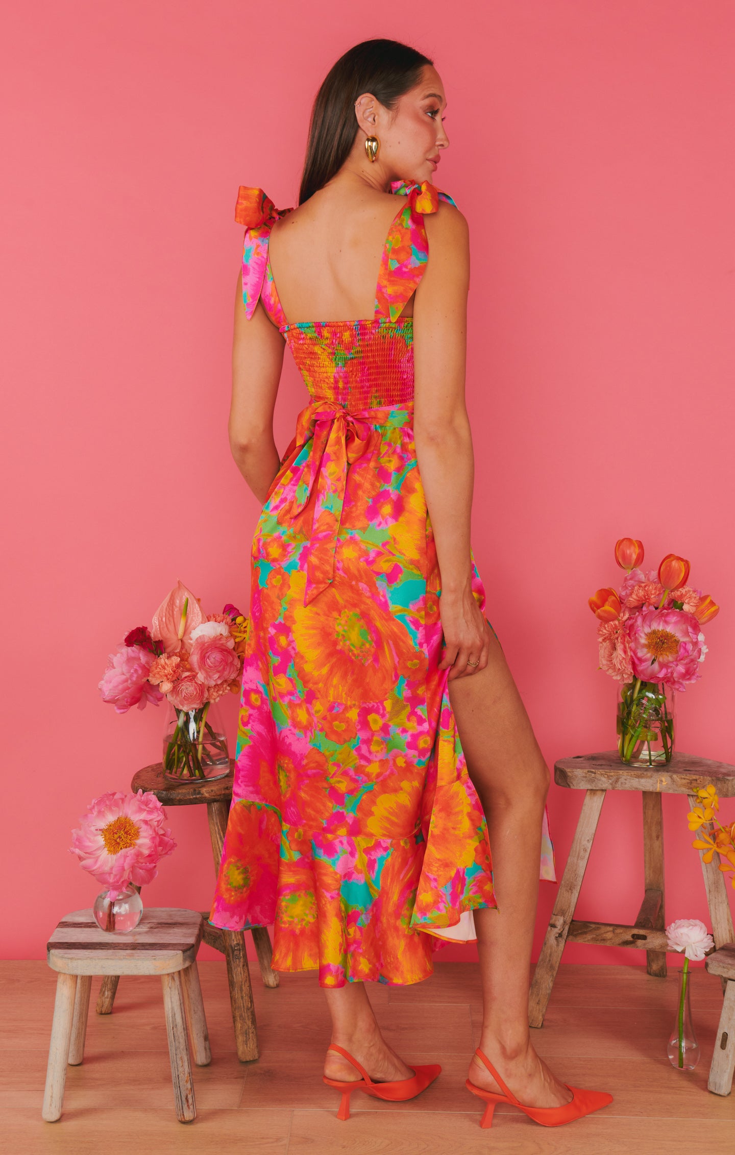 Floral Midi Dress with Adjustable Tie Straps by Miss Malibu