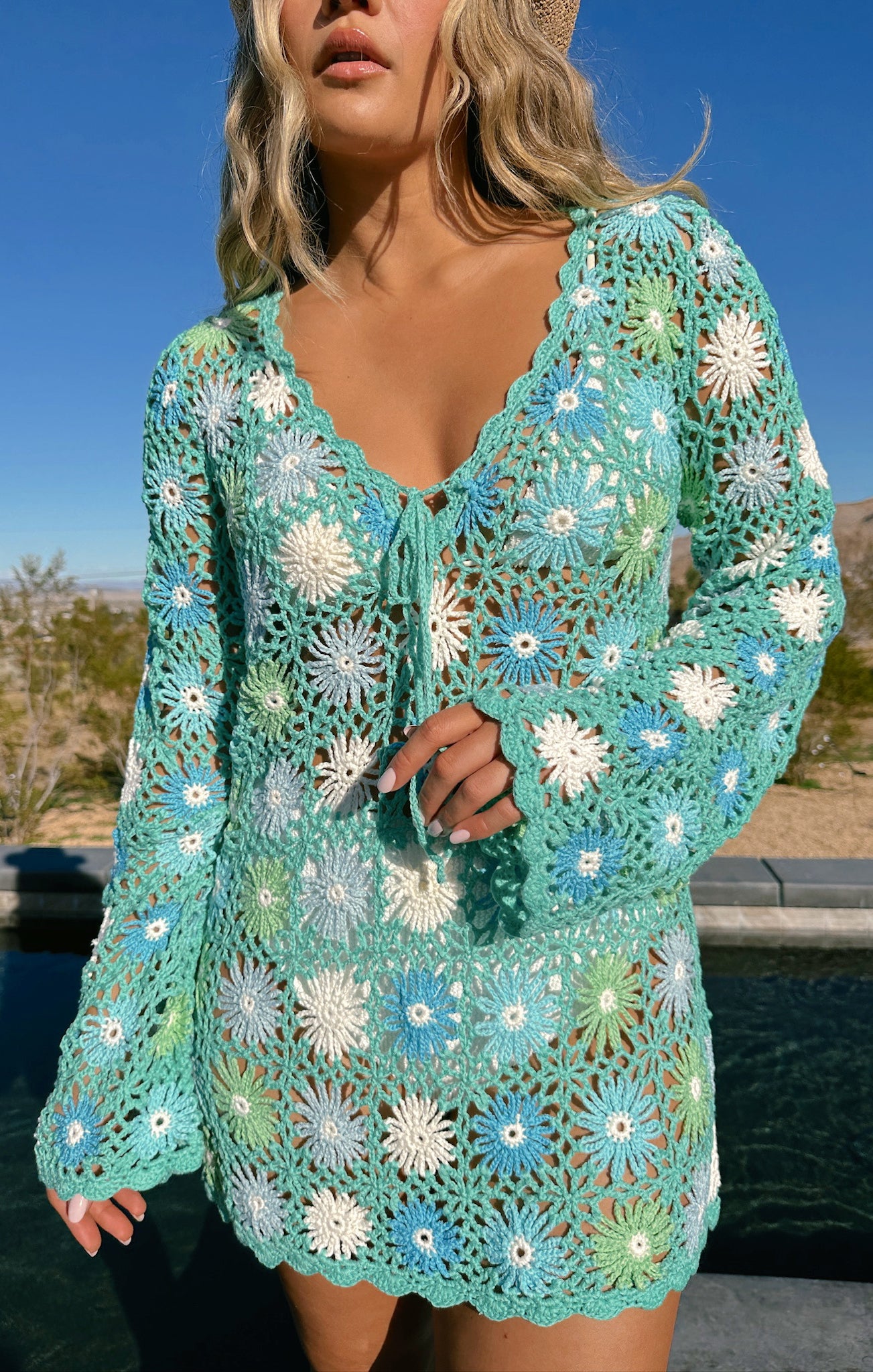 Blue Floral Crochet Mini Coverup with Tie Front – Vacay