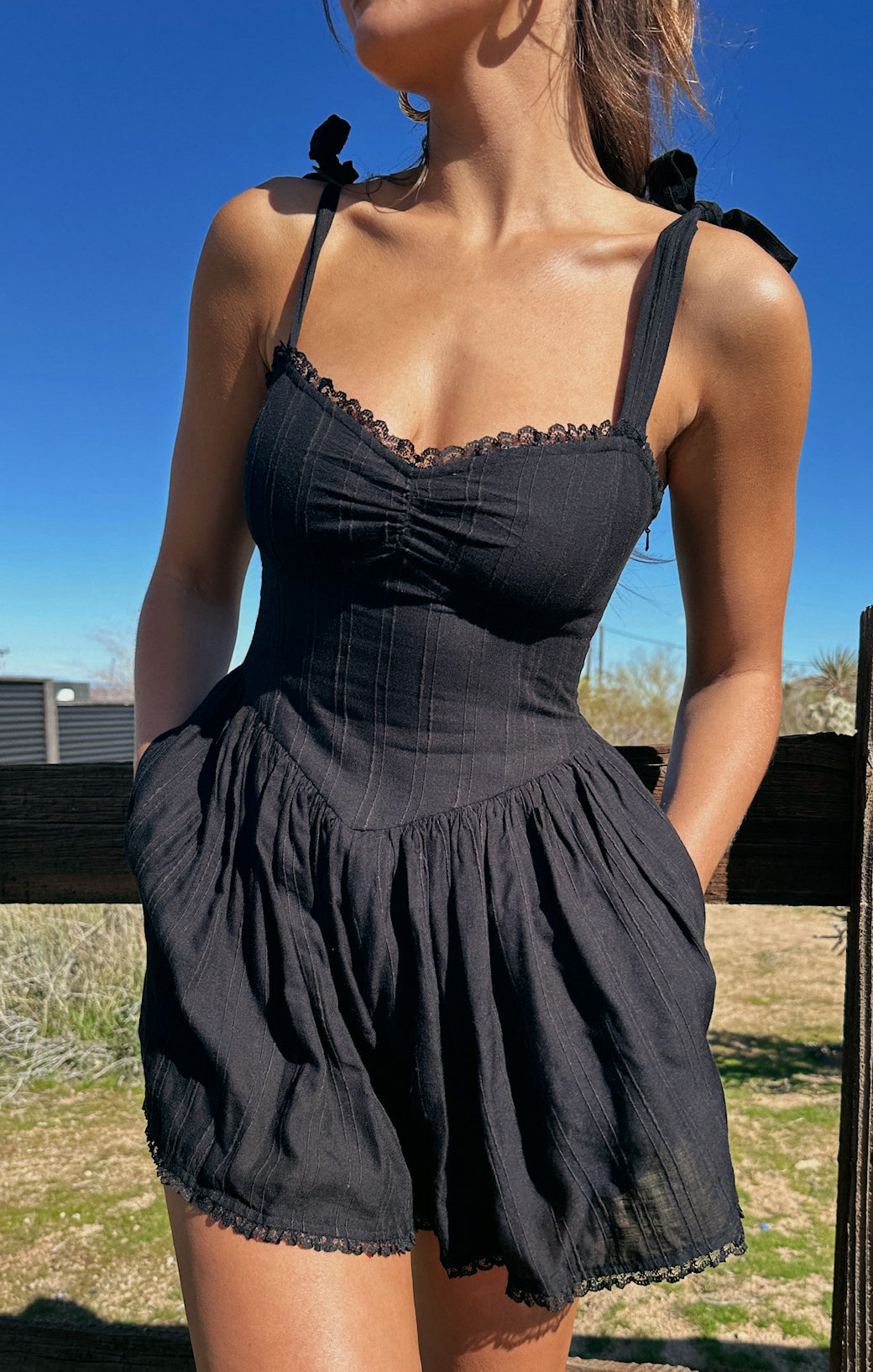 Black Adjustable Strap Romper with Pockets - Smocked Back
