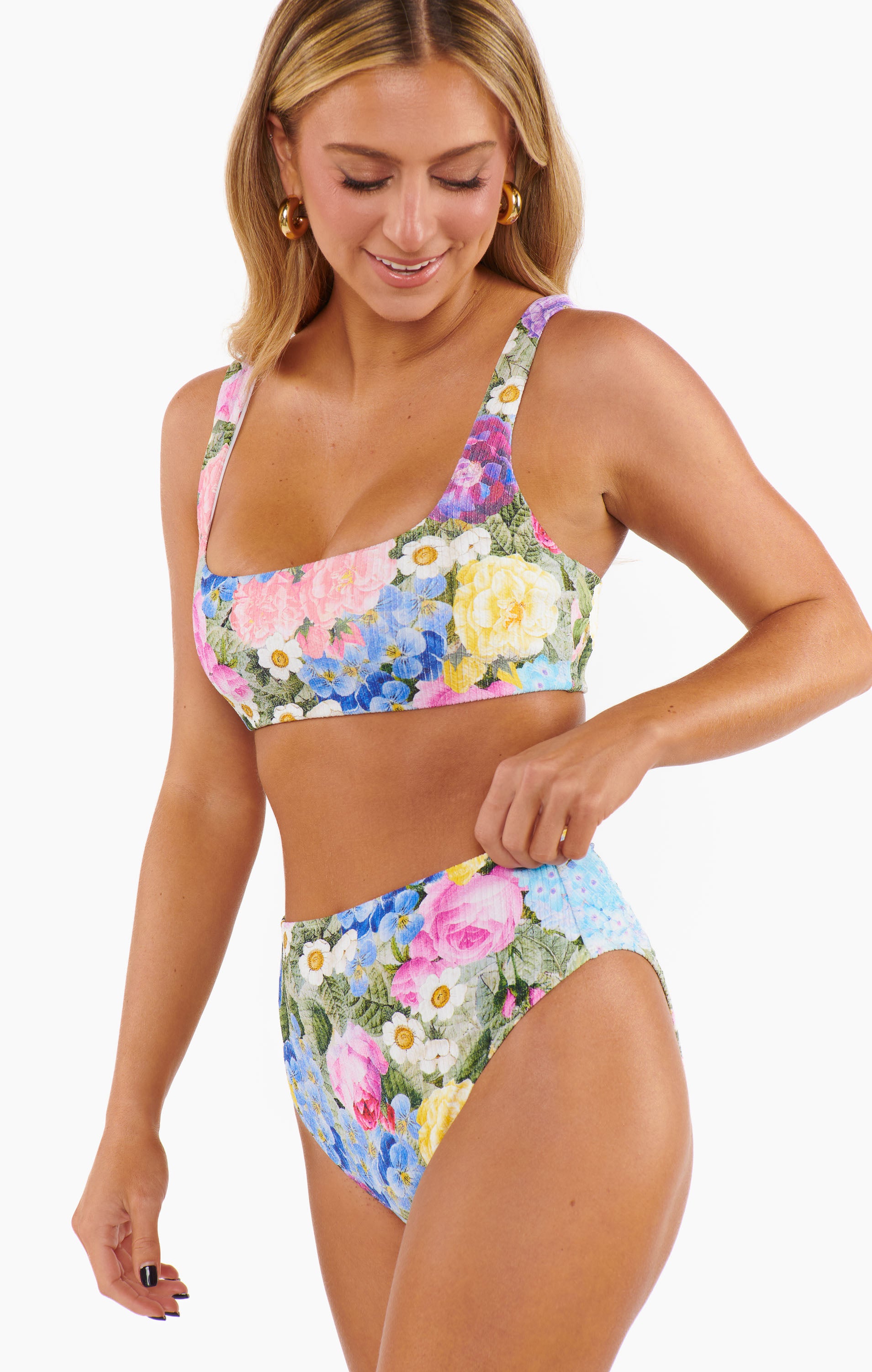 High Waisted Swim Bottoms - Flower Shop Rib Scrunch Bikini