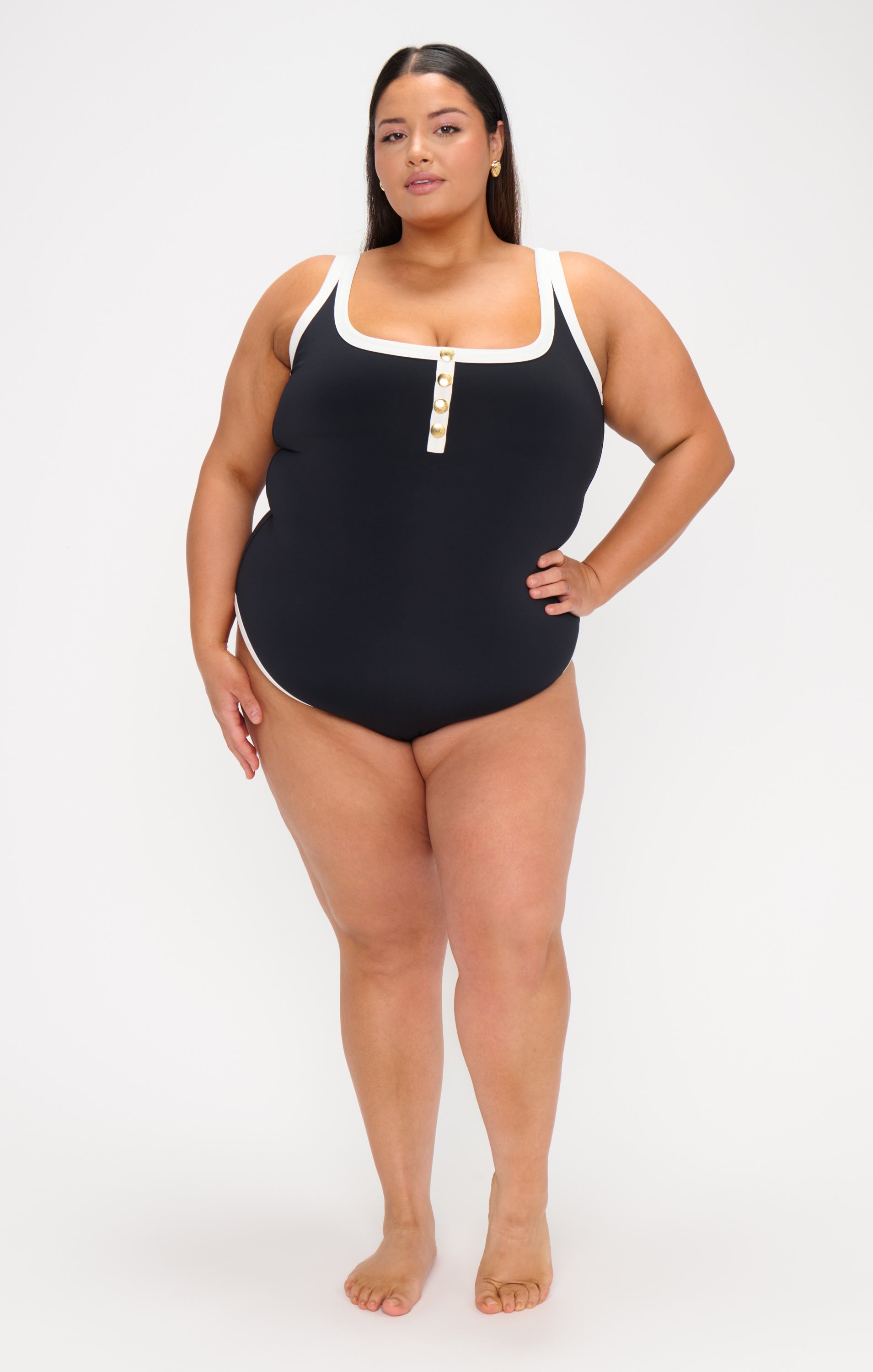 Coastal Colorblock One Piece Swimsuit with Gold Buttons