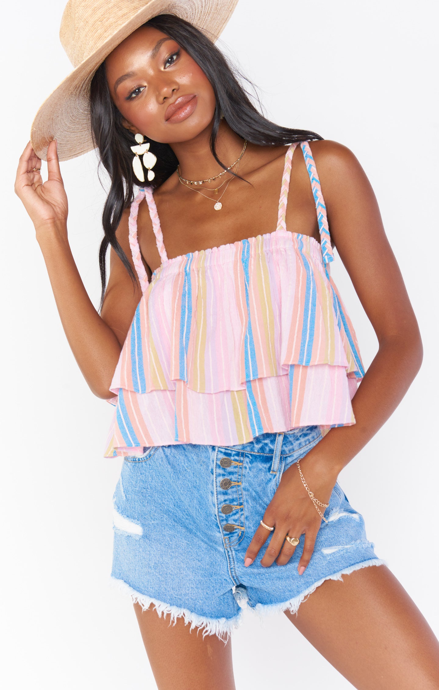 Klum Boho Ruffle Crop Top with Tie Straps - Paradise Stripe