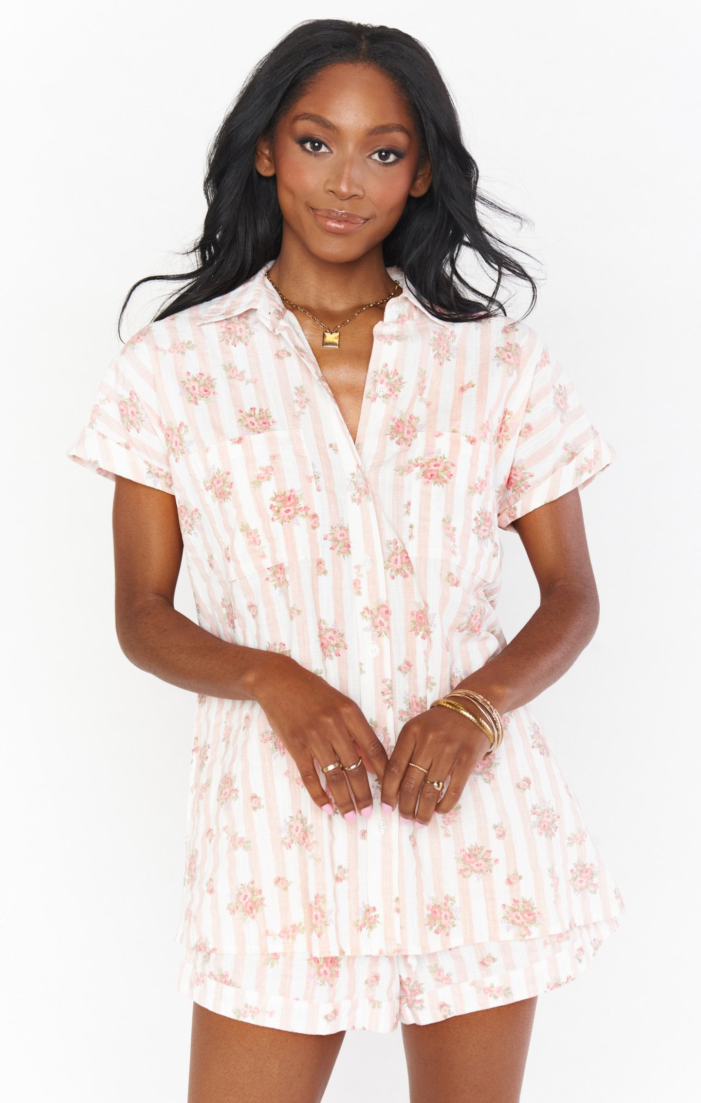 Pink Striped Nora PJ Set by Pinck Blossom - Button Up Top & Shorts