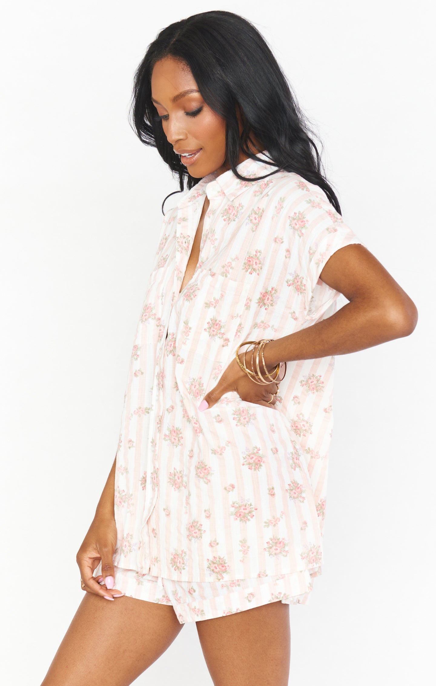 Pink Striped Nora PJ Set by Pinck Blossom - Button Up Top & Shorts