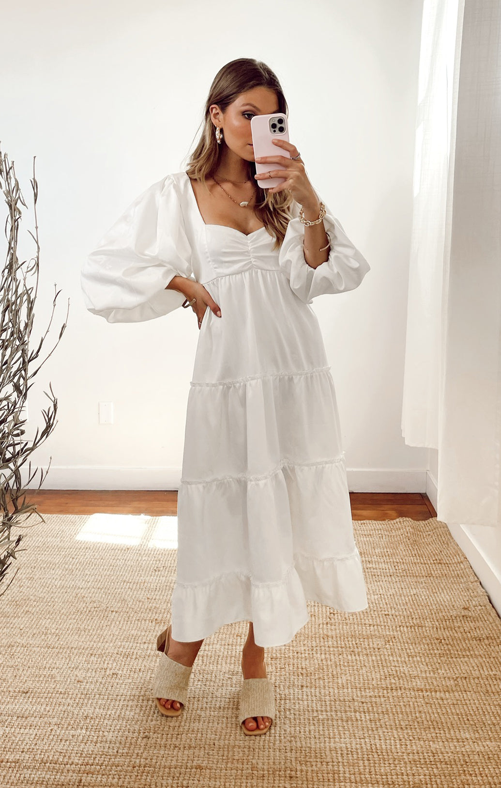 White Floral Boho Midi Dress with Poof Sleeves - Mandi