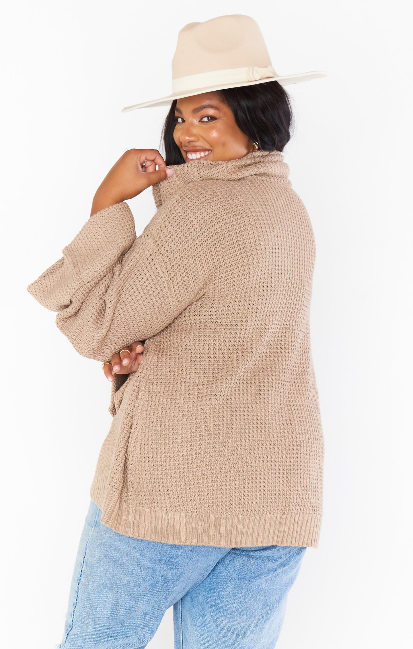 Taupe Waffle Knit Turtleneck Sweater - Hicks Oversized & Slouchy