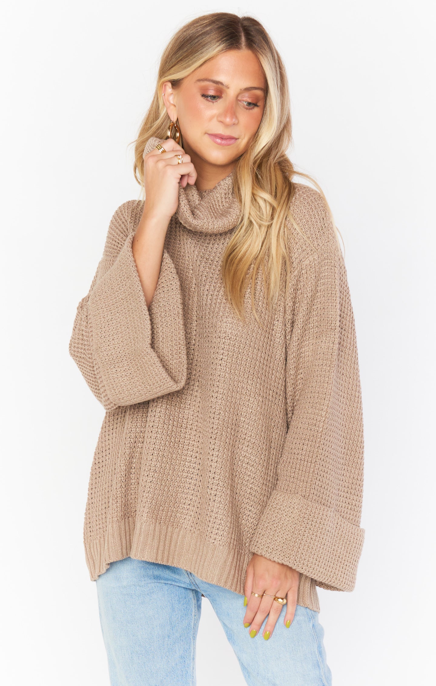 Taupe Waffle Knit Turtleneck Sweater - Hicks Oversized & Slouchy