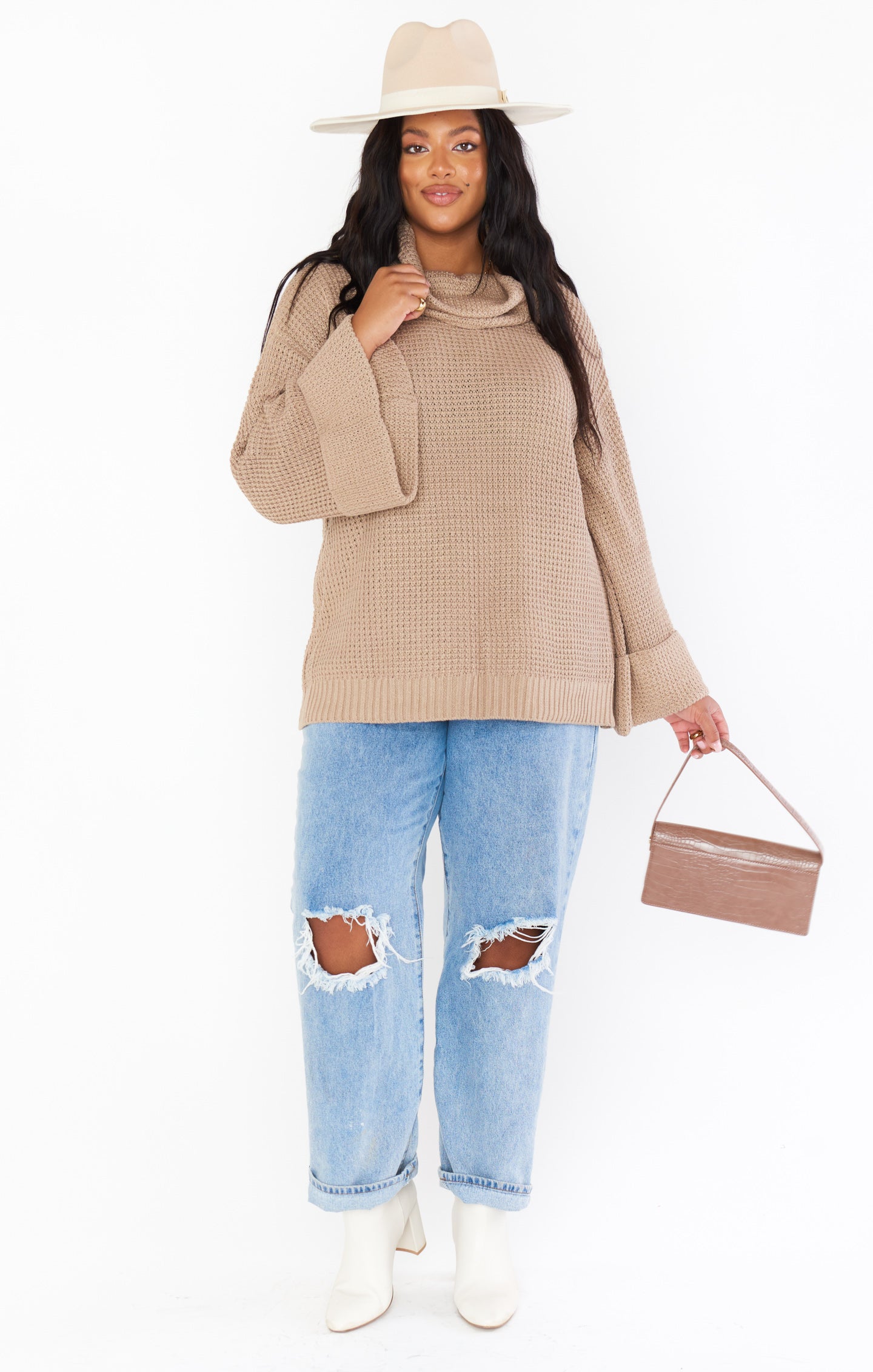 Taupe Waffle Knit Turtleneck Sweater - Hicks Oversized & Slouchy