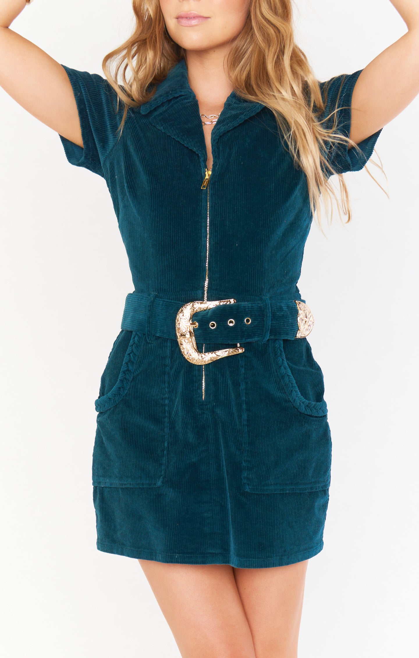 Jade Green Corduroy Mini Dress with Front Zip & Pockets - Outlaw