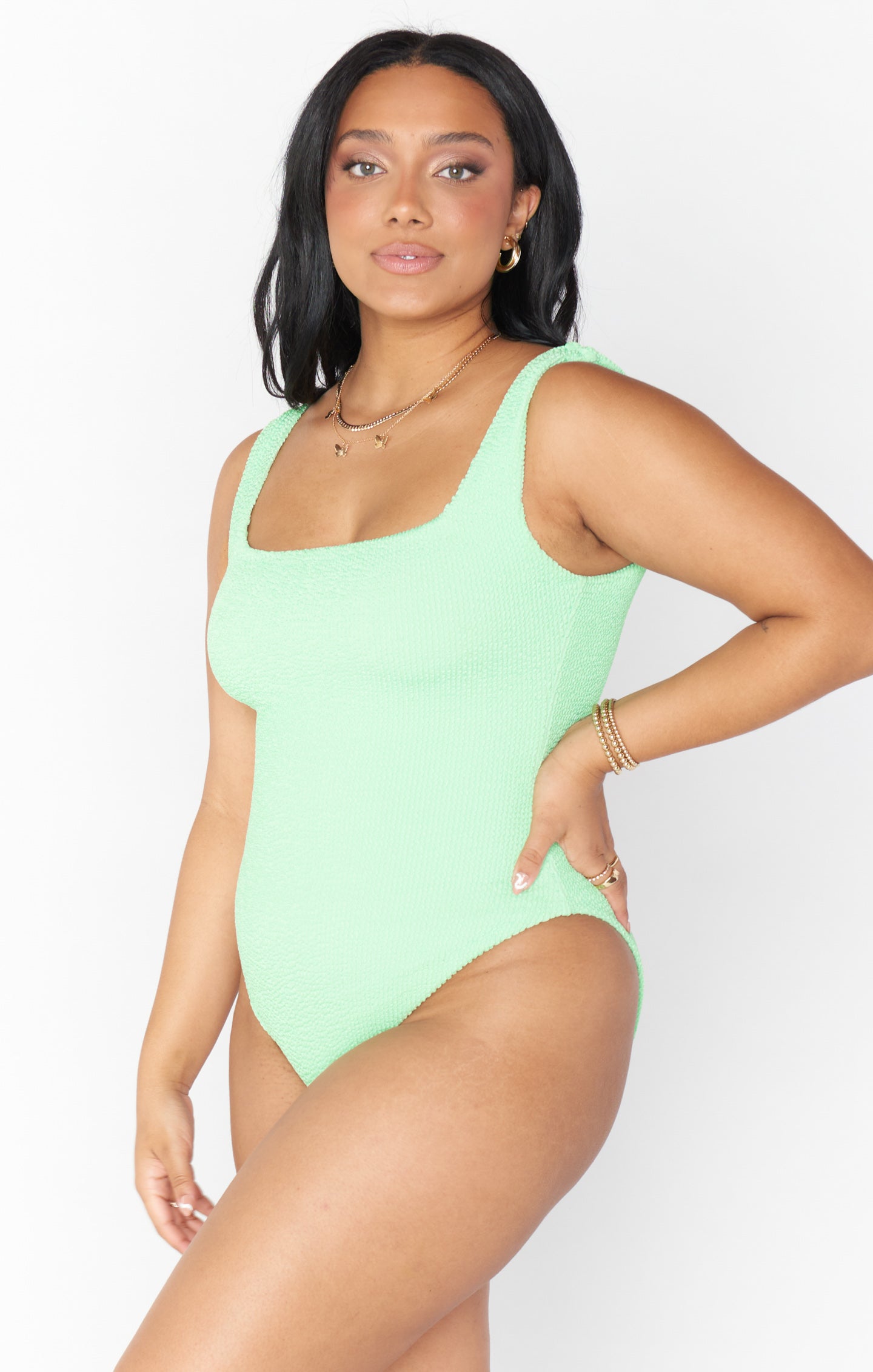 Green Melon Scrunch One Piece Swimsuit with Thick Straps & Scoop Back
