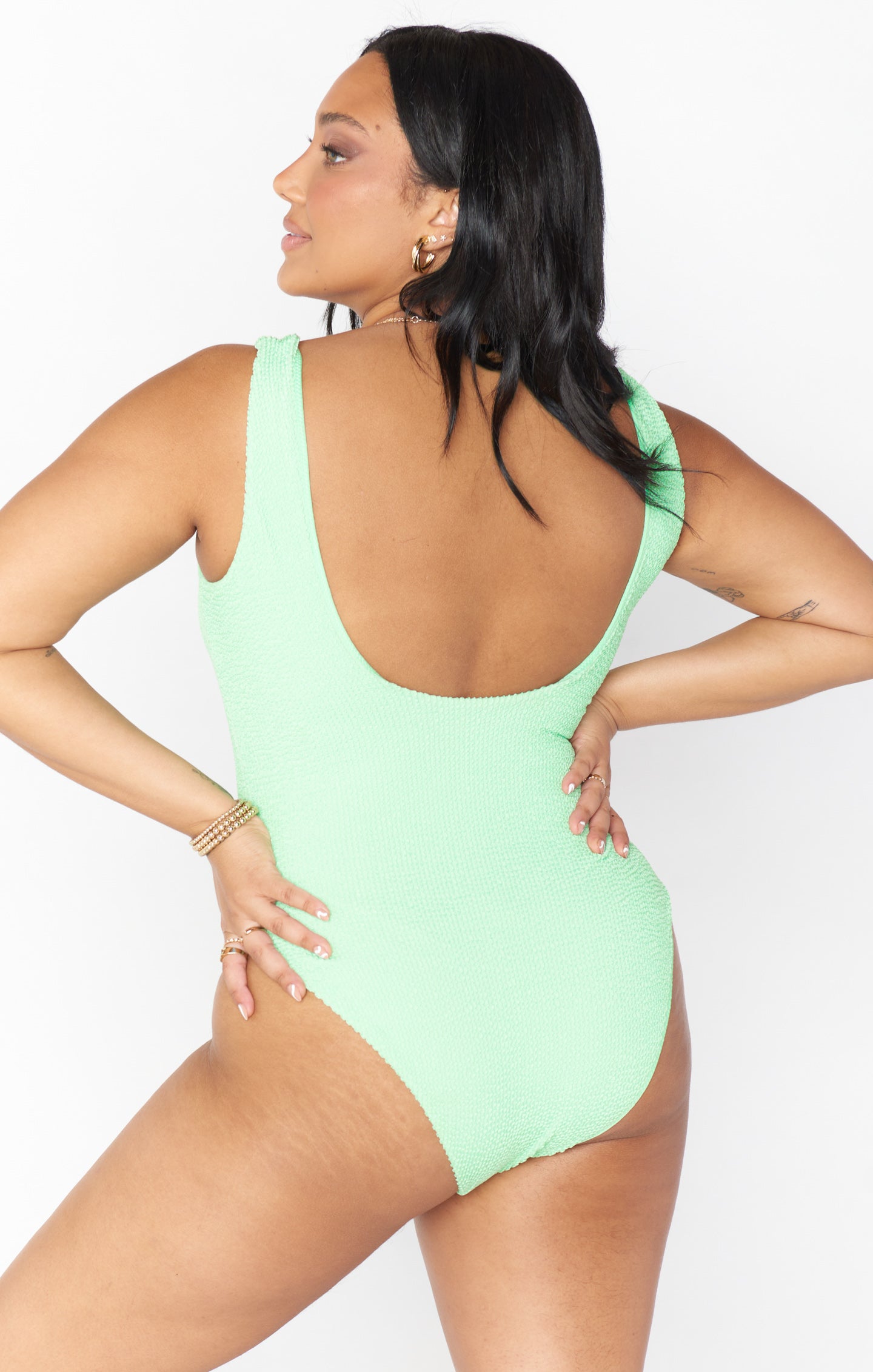 Green Melon Scrunch One Piece Swimsuit with Thick Straps & Scoop Back
