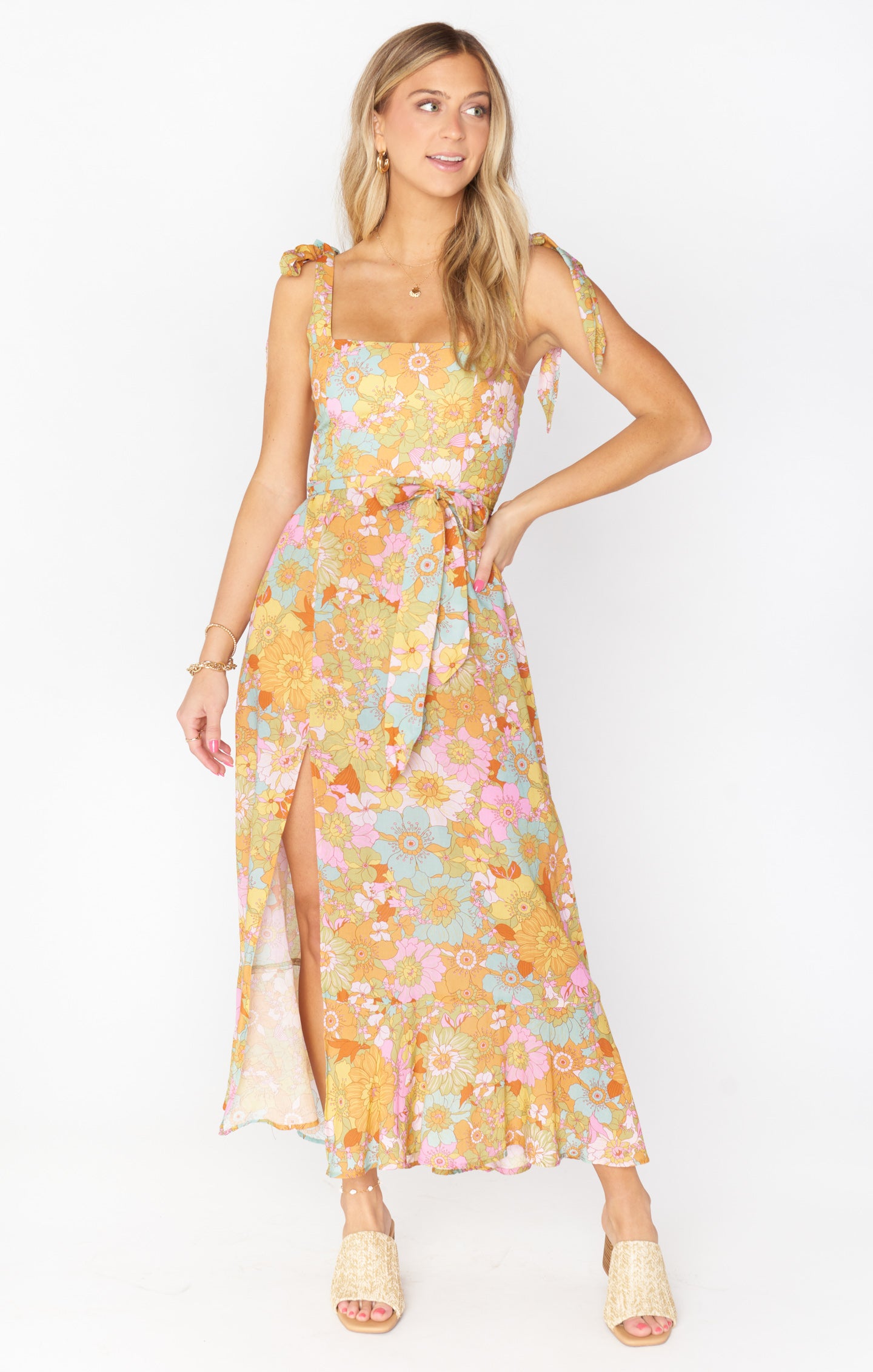 Floral Square Neck Midi Dress with Detachable Sash & Bows