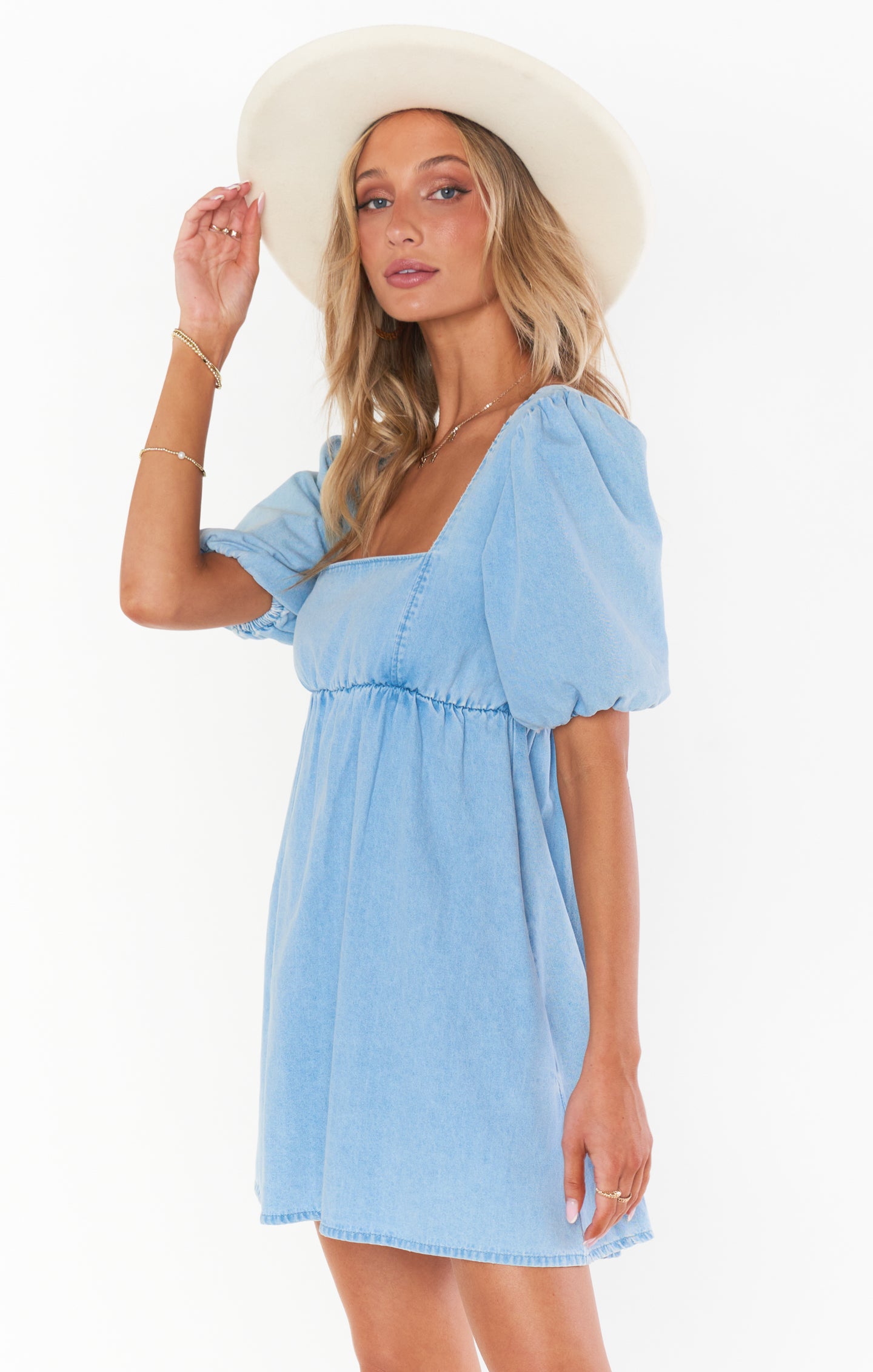 Sky Blue Denim Babydoll Dress with Puffed Sleeves & Square Neck