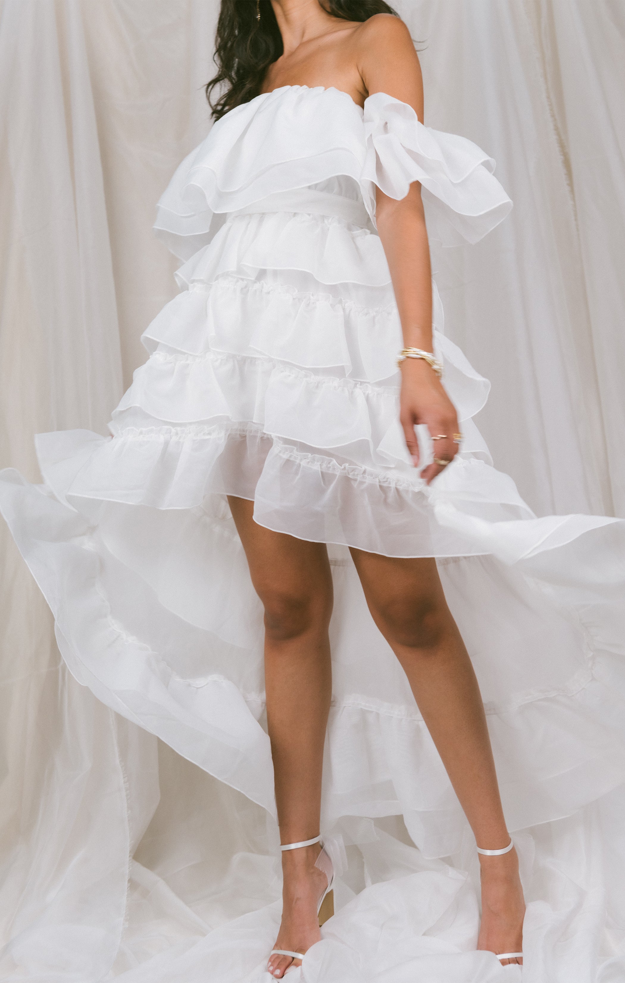 Brandy Off-Shoulder White Organza Maxi Dress with Ruffles