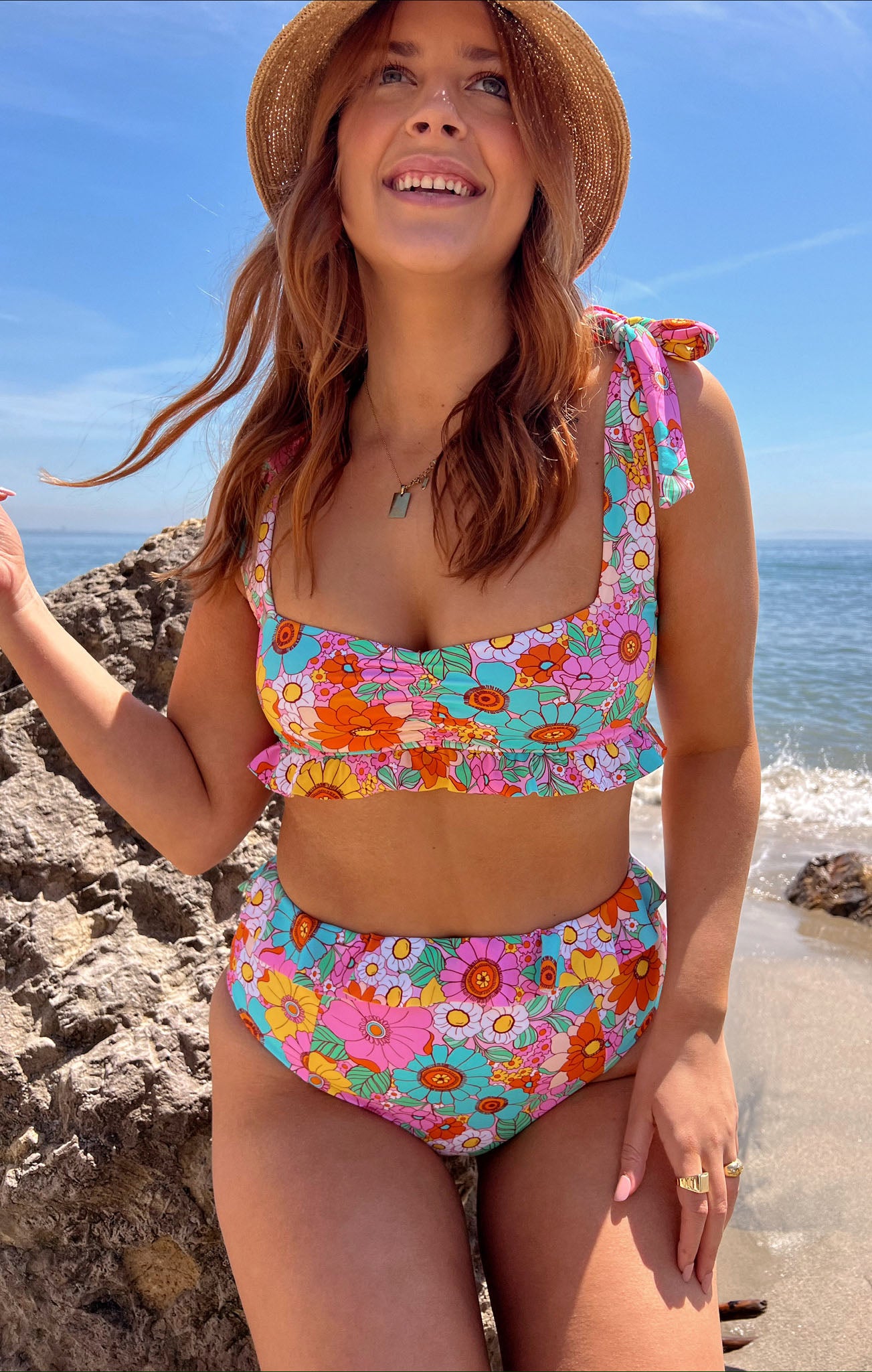 Floral High Waisted Swim Bottom with Ruffles ~ Sorrento