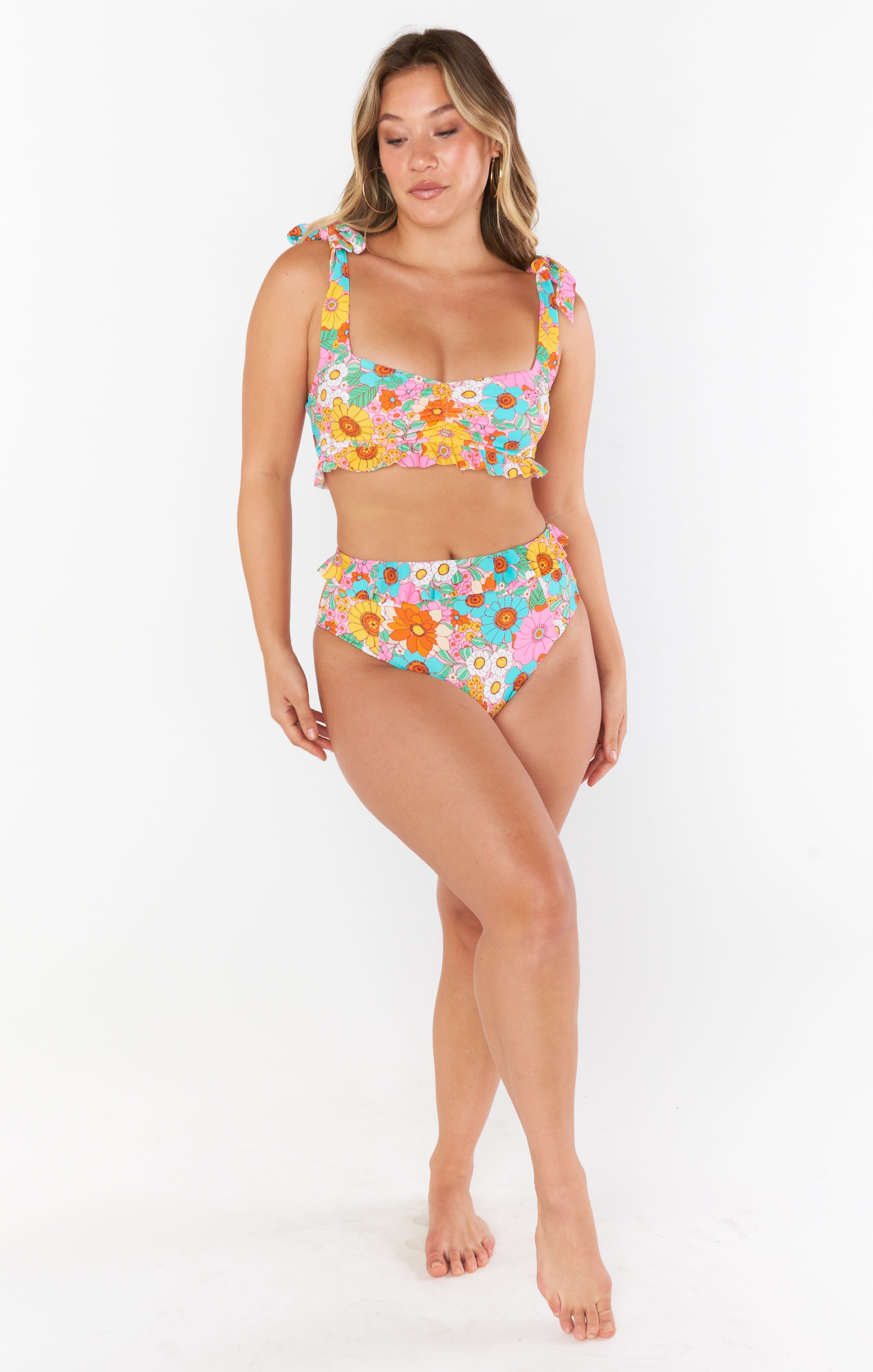Floral High Waisted Swim Bottom with Ruffles ~ Sorrento
