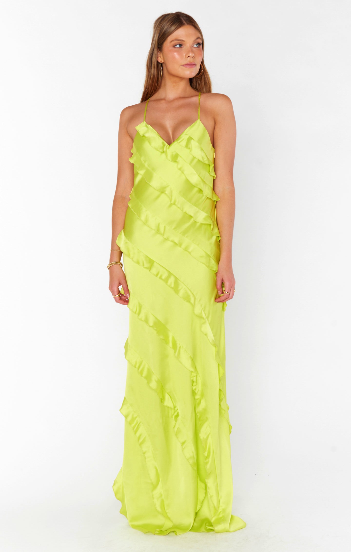 Romance Ruffle Maxi Dress - Citrine Satin Bridesmaid Gown