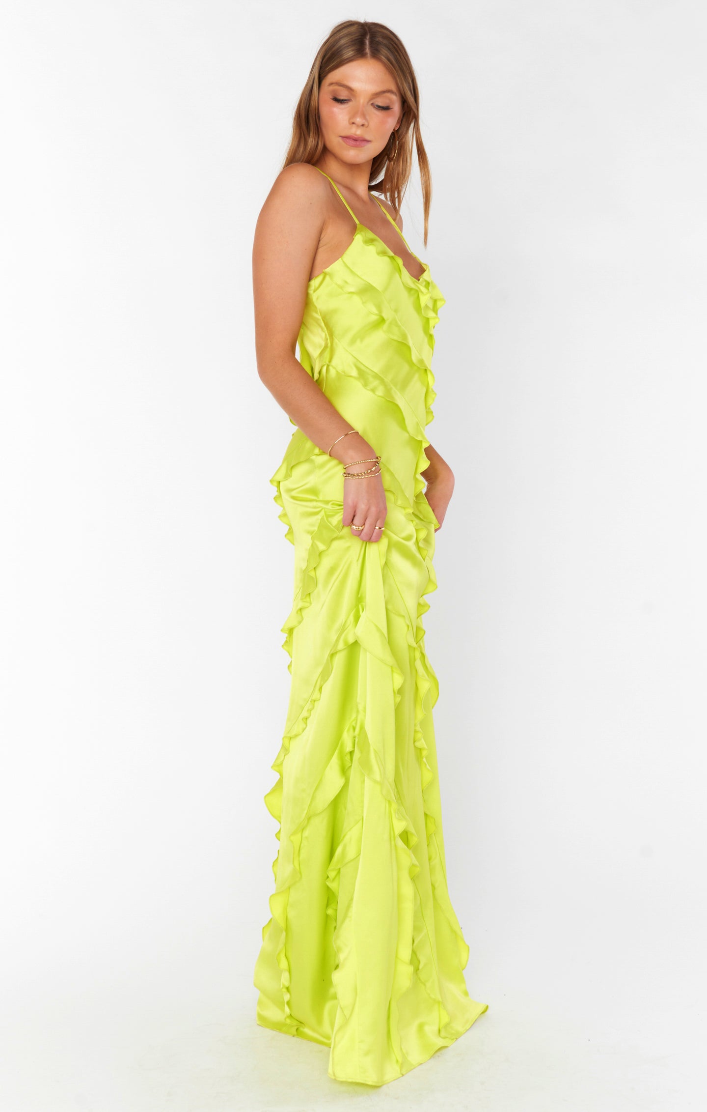 Romance Ruffle Maxi Dress - Citrine Satin Bridesmaid Gown