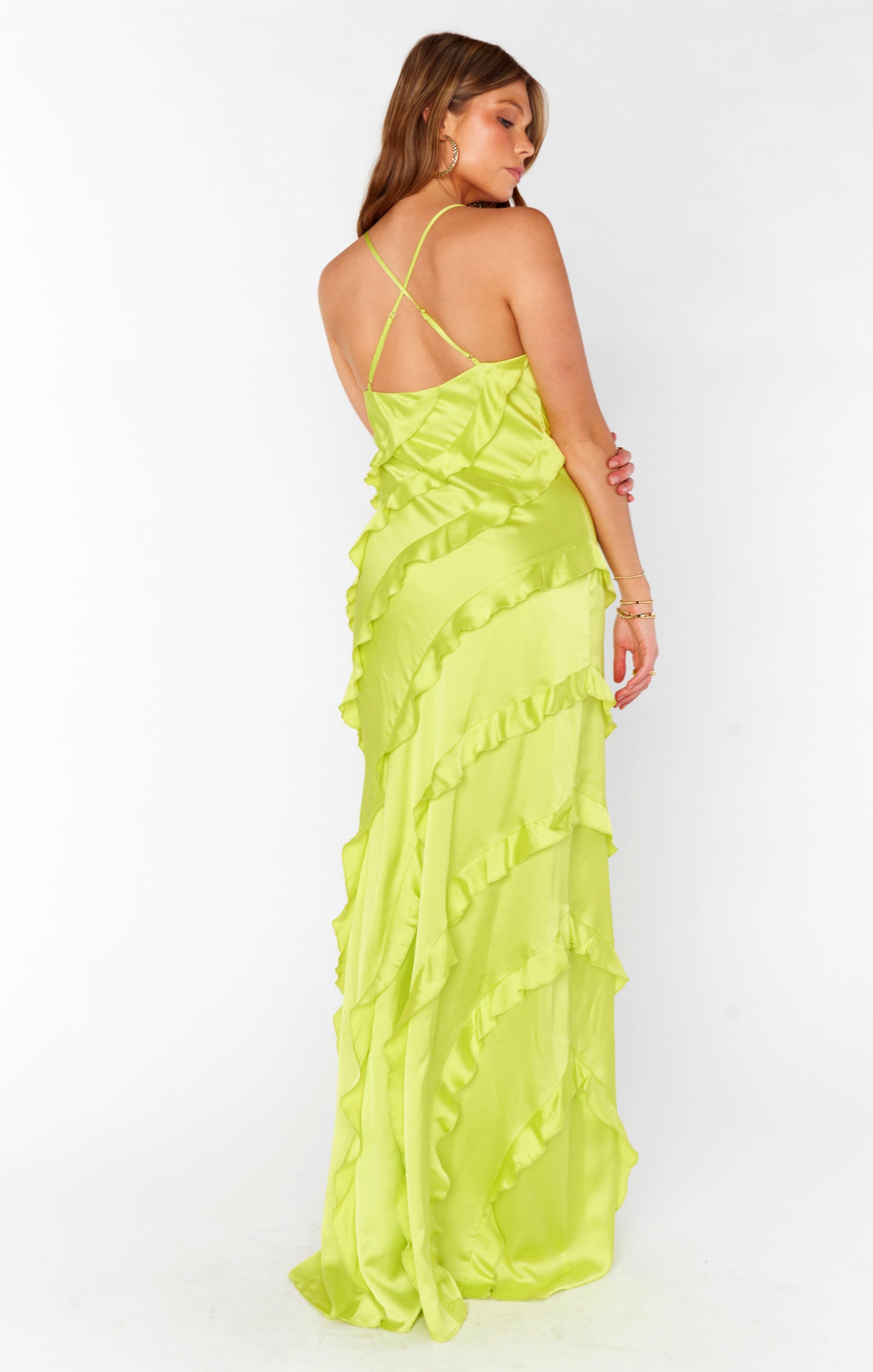 Romance Ruffle Maxi Dress - Citrine Satin Bridesmaid Gown