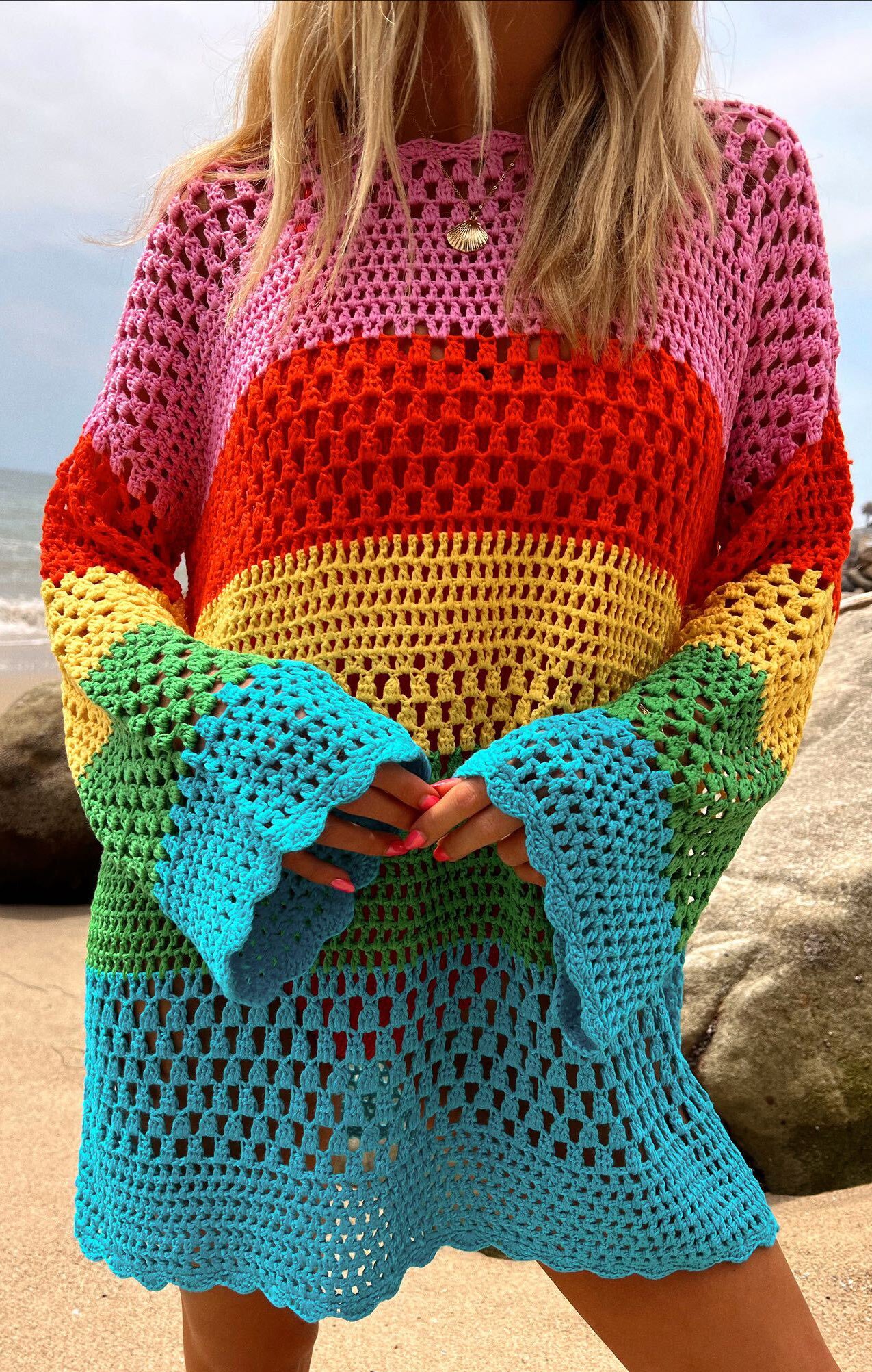 Paula Crochet Pullover Sweater - Bright Striped Beach Coverup