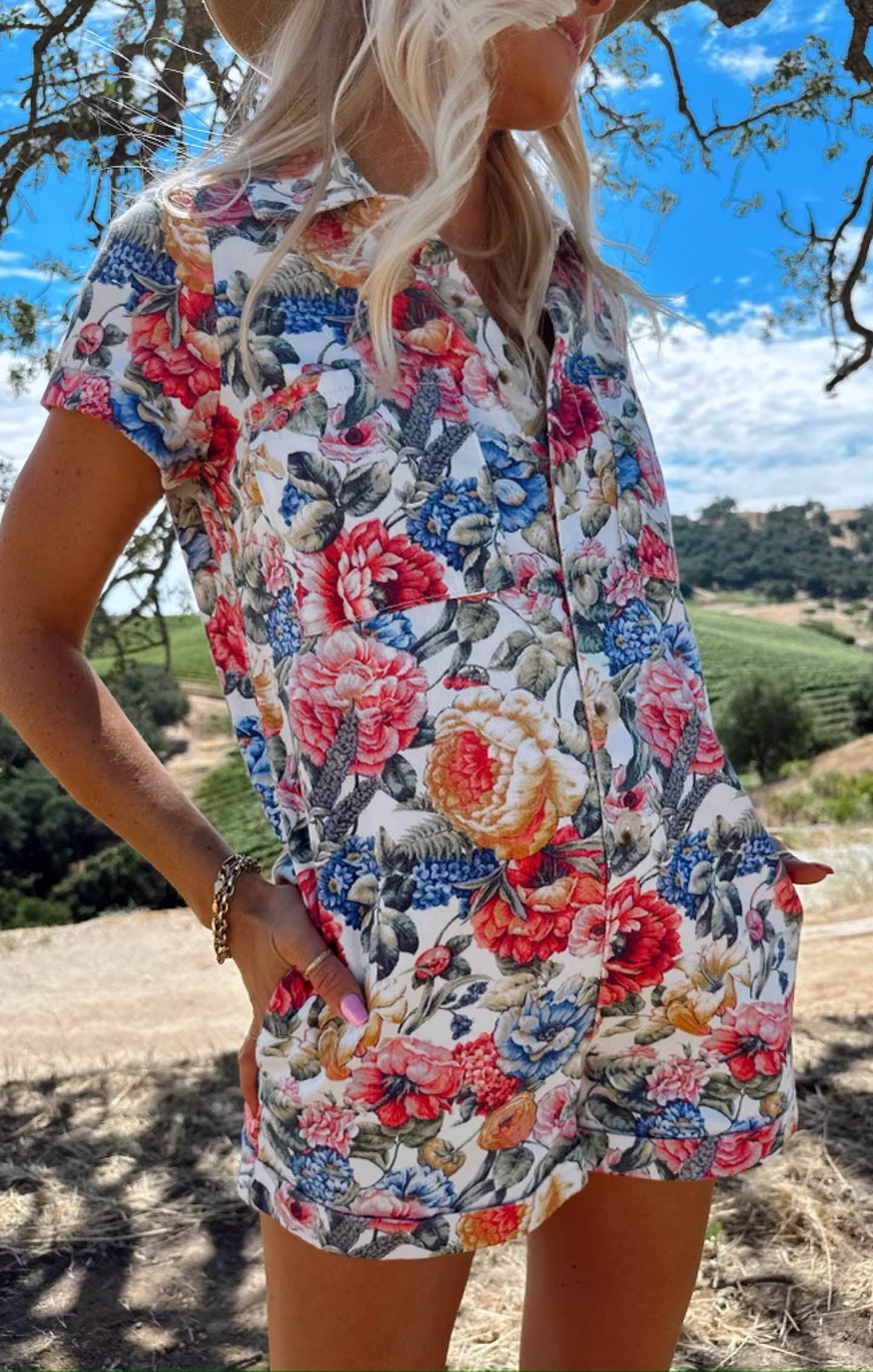 Floral Denim Romper - Dusty Meadows Roll-Up Style