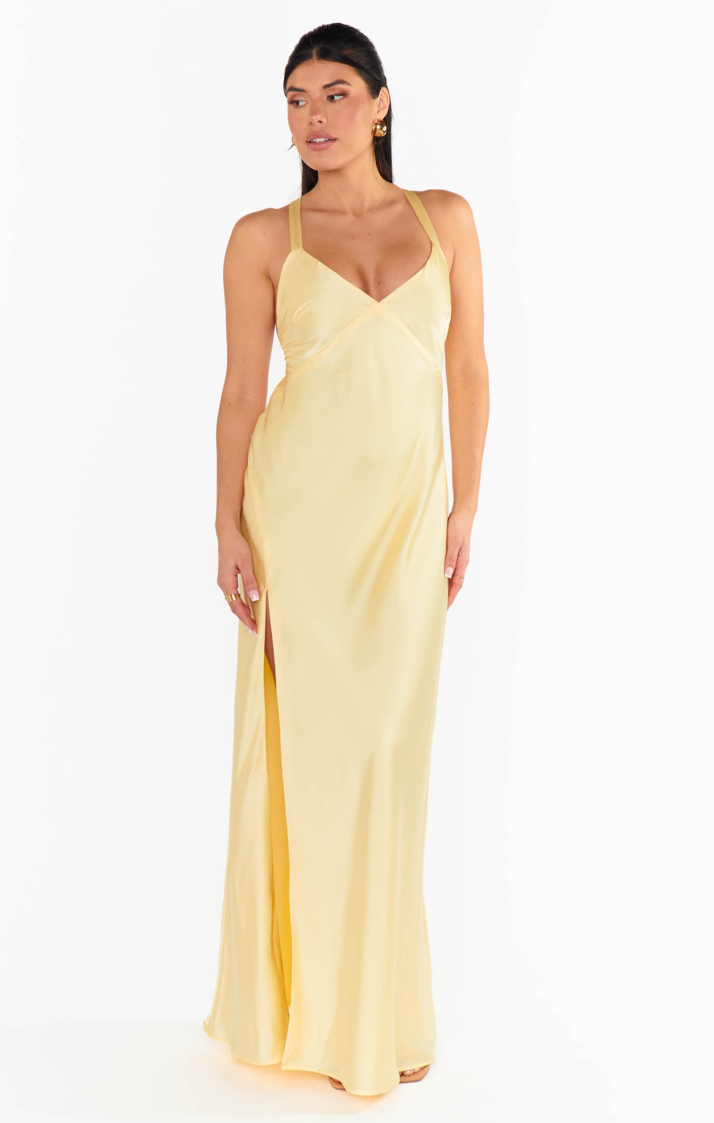 Anderson Pale Yellow Satin Maxi Dress with Open Back