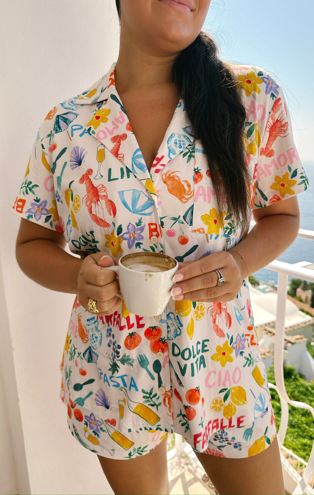 Italian Picnic Jersey Pajama Set - Button Down Top & Shorts