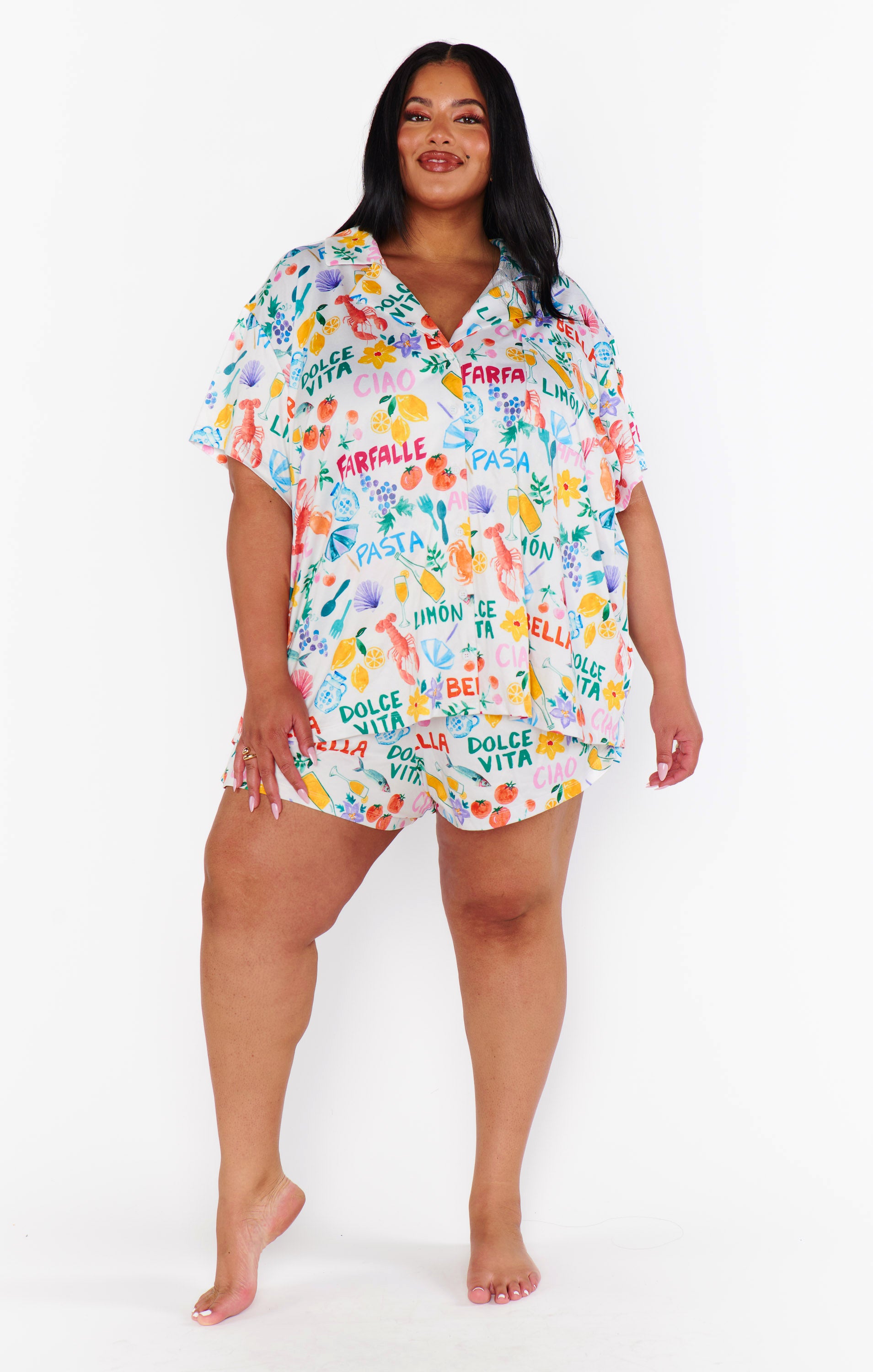 Italian Picnic Jersey Pajama Set - Button Down Top & Shorts