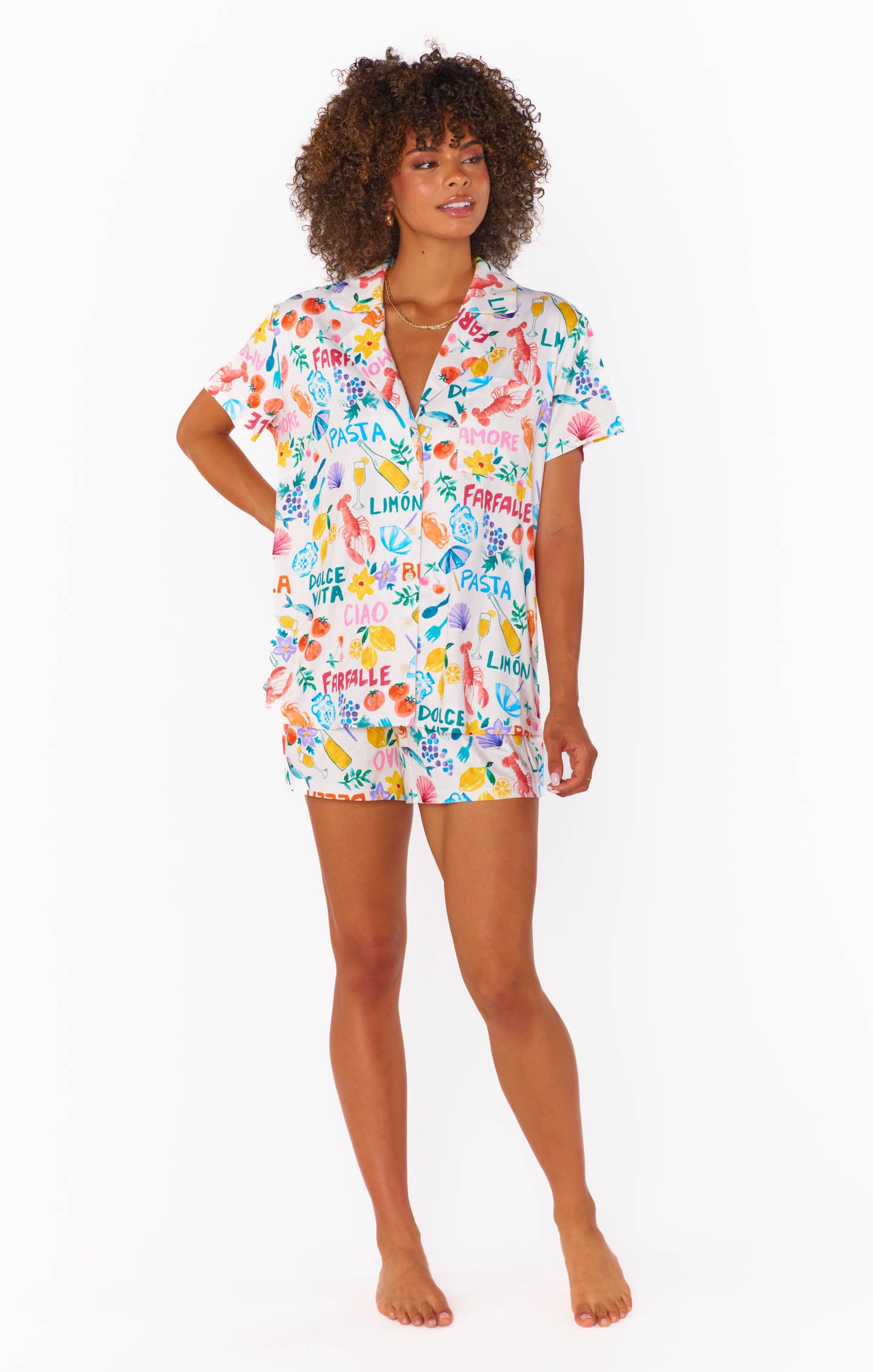 Italian Picnic Jersey Pajama Set - Button Down Top & Shorts