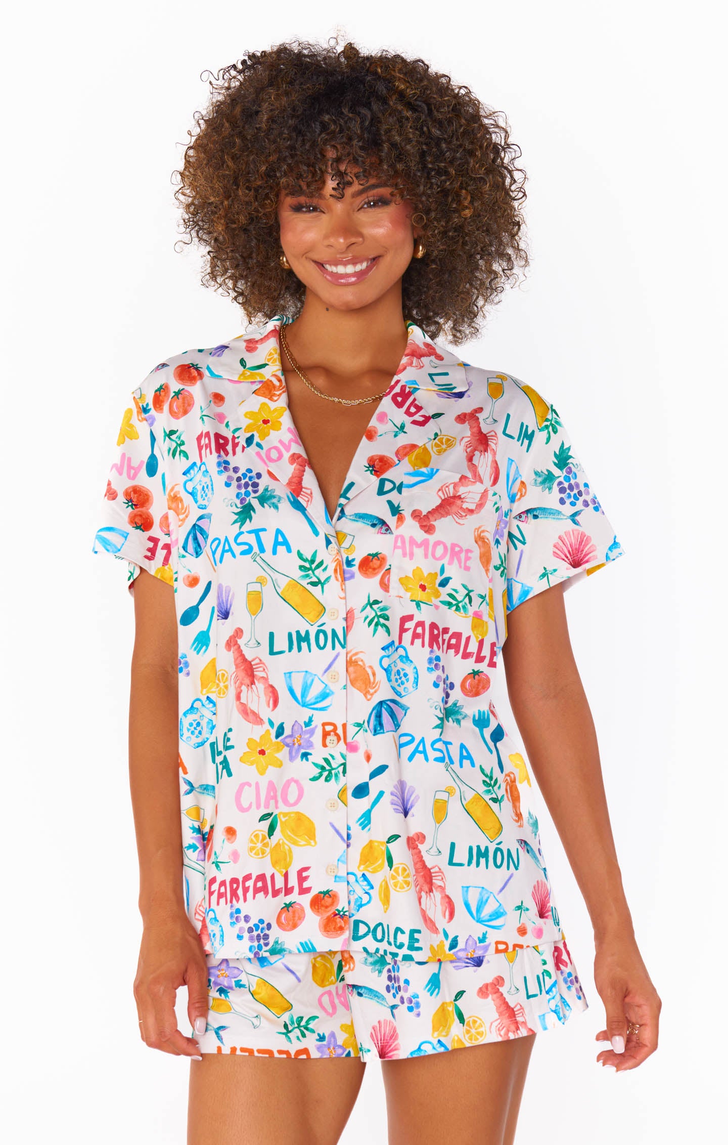 Italian Picnic Jersey Pajama Set - Button Down Top & Shorts