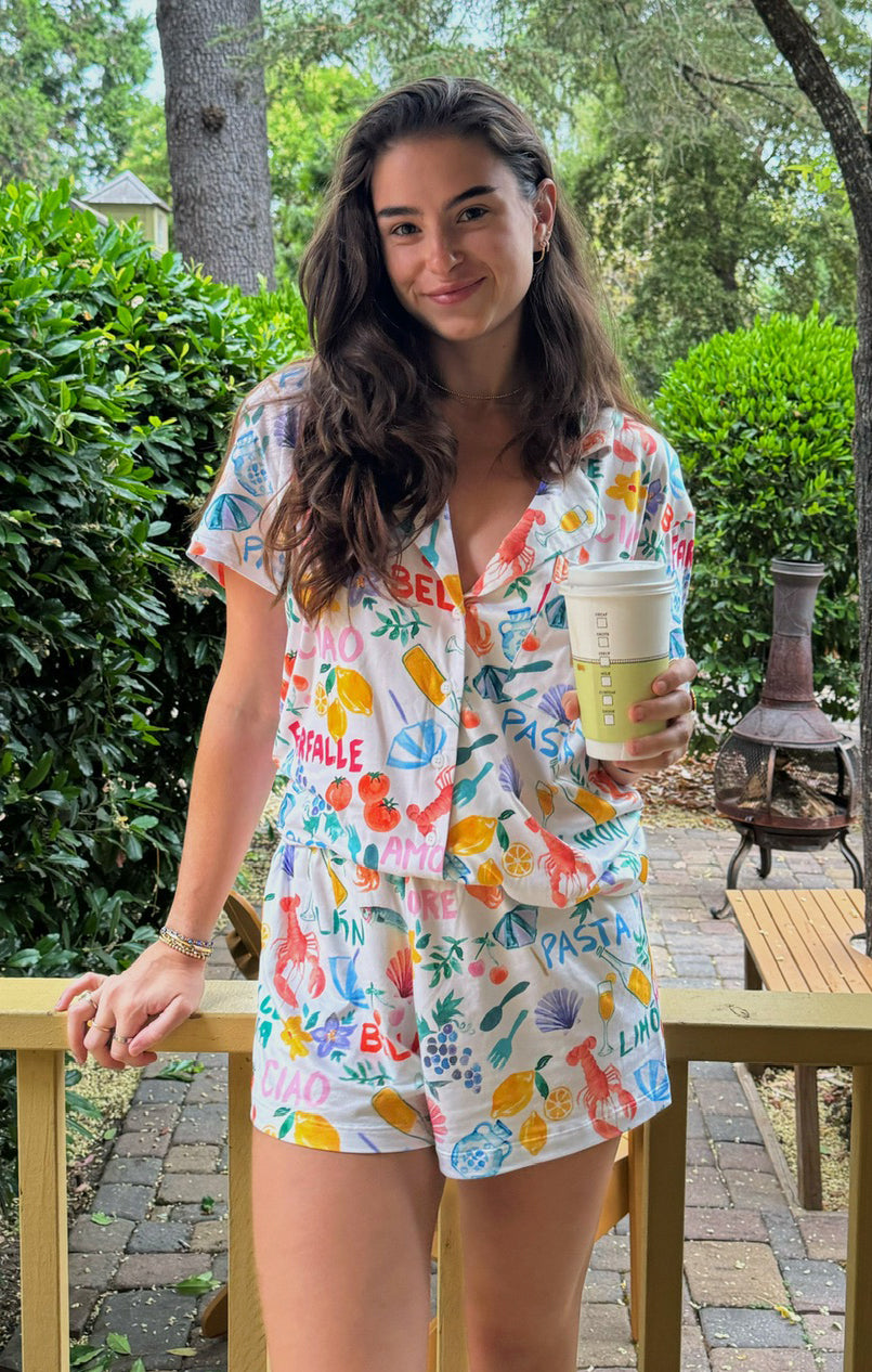 Italian Picnic Jersey Pajama Set - Button Down Top & Shorts