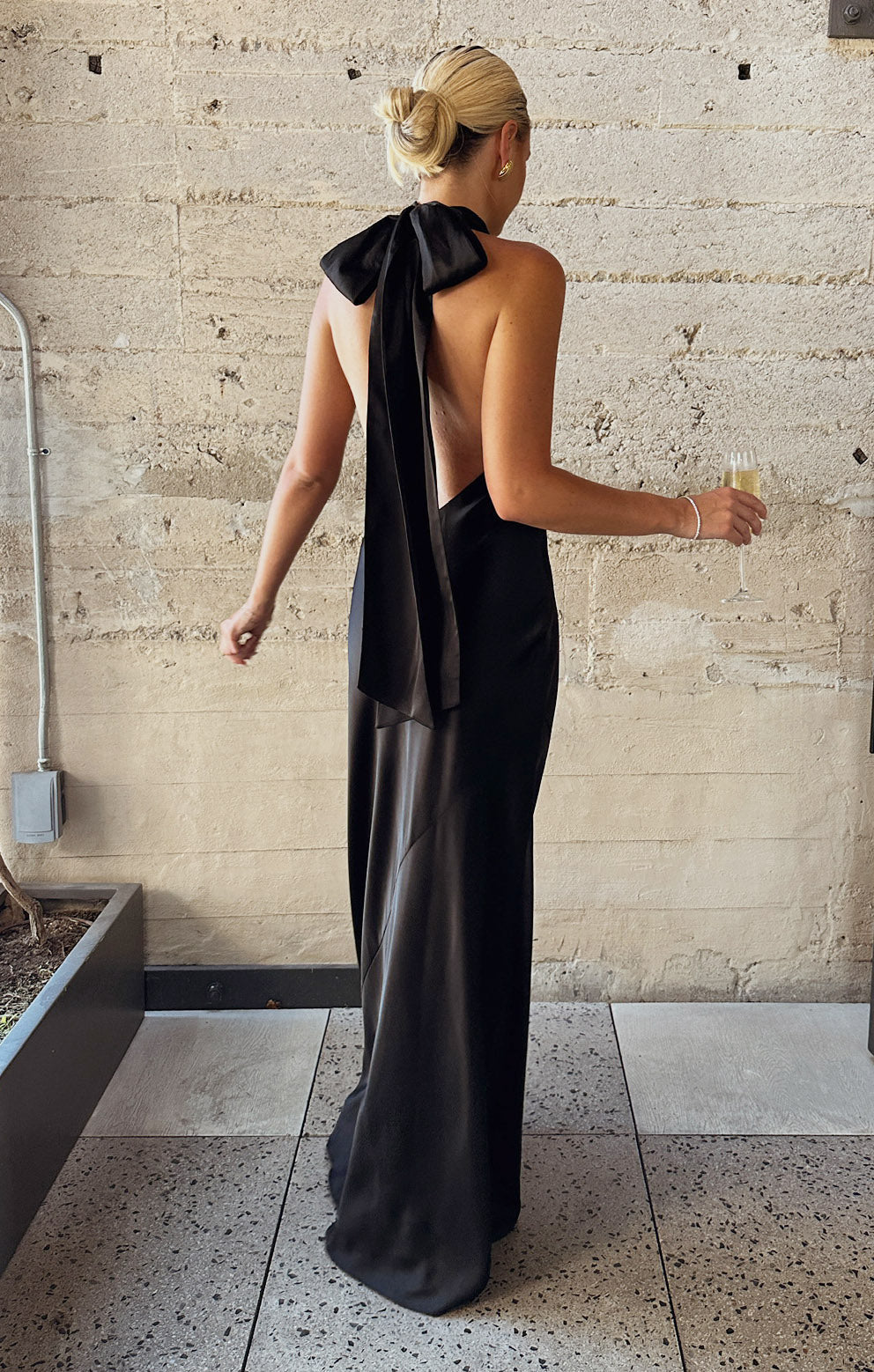 Lisa Luxe Satin Maxi Dress - Black Halter Neck Bridesmaid Gown