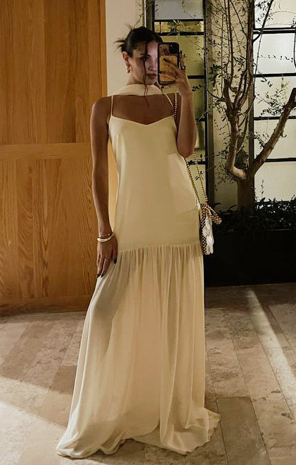 Dalia Luxe Satin Maxi Dress with Scarf - Pale Yellow Formal Gown