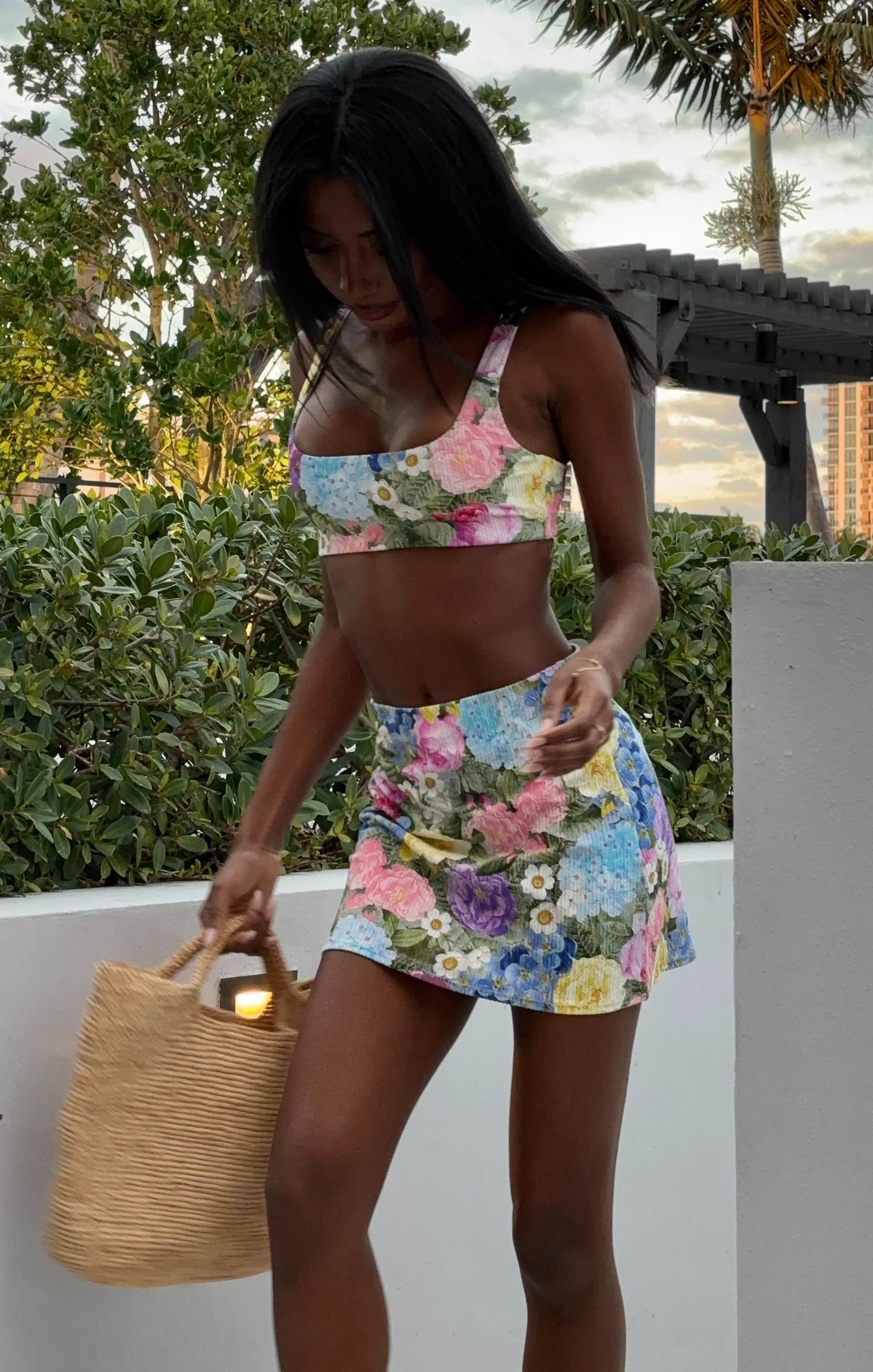 Flower Shop Print Mary Mini Skirt - High Waist Scrunch Coverup