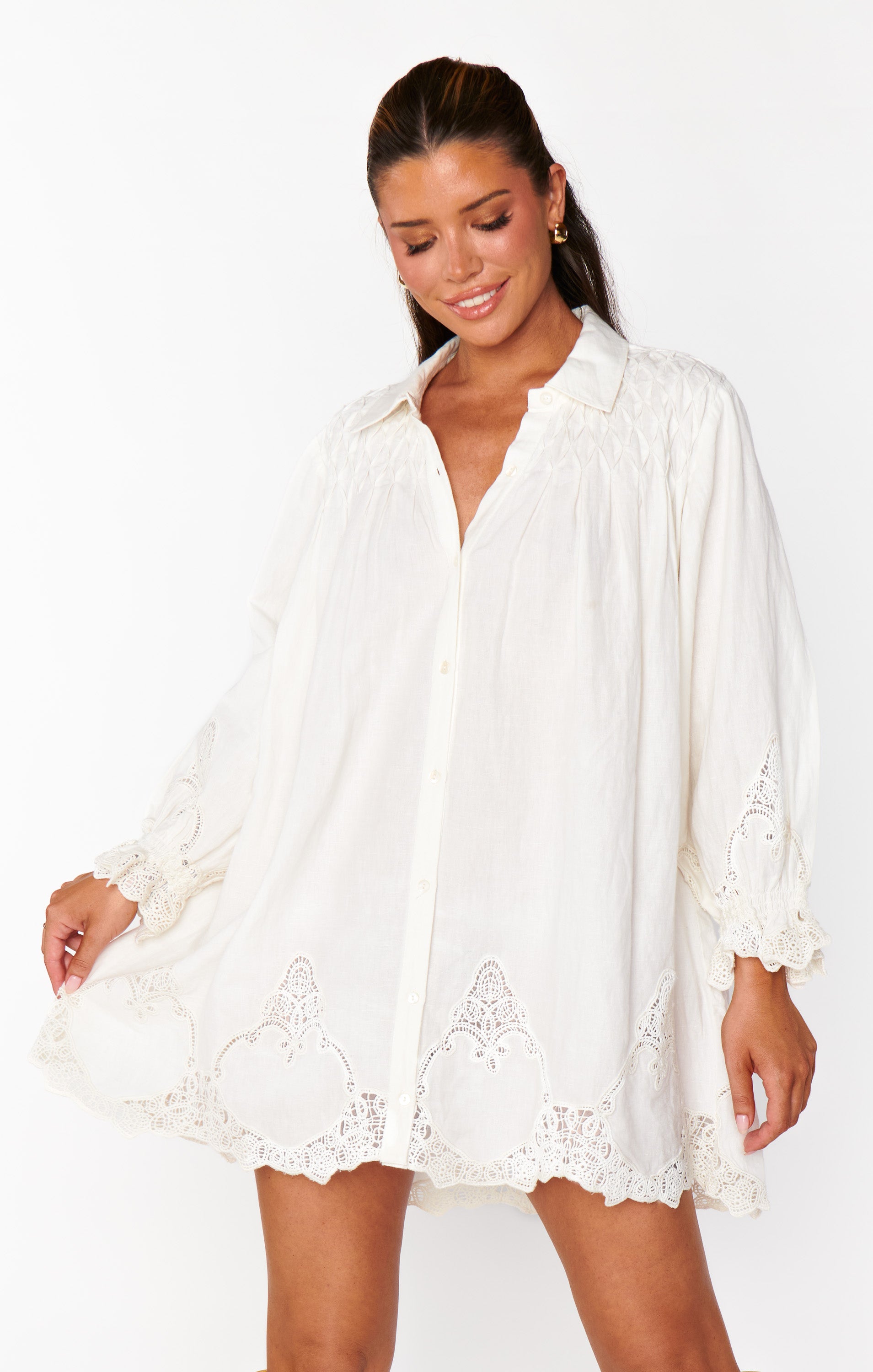 White Lace Embroidery Leona Mini Dress - Boho Collared Button Front