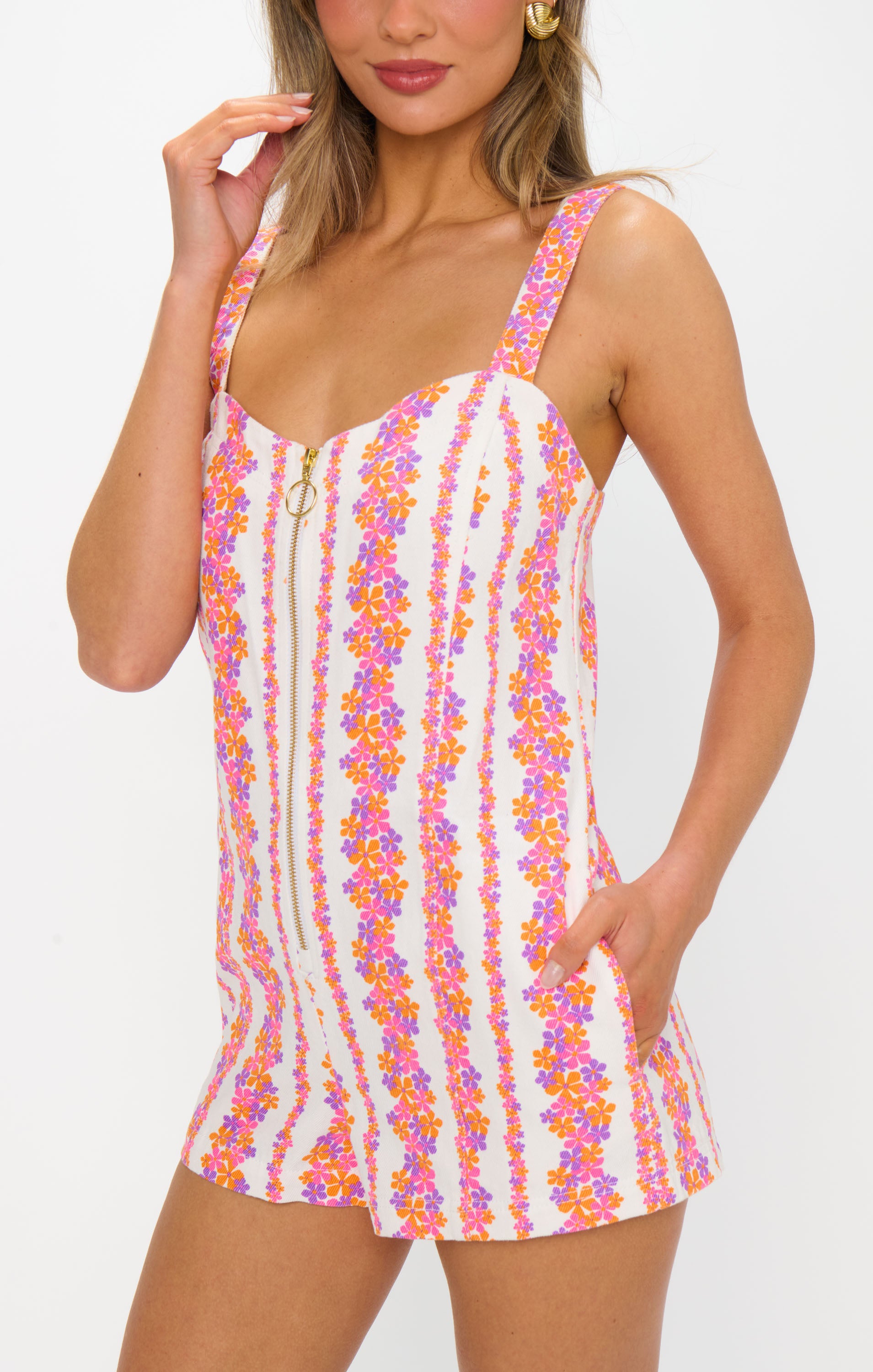 Women's Pink Daisy Stripes Denim Romper - Mission Collection