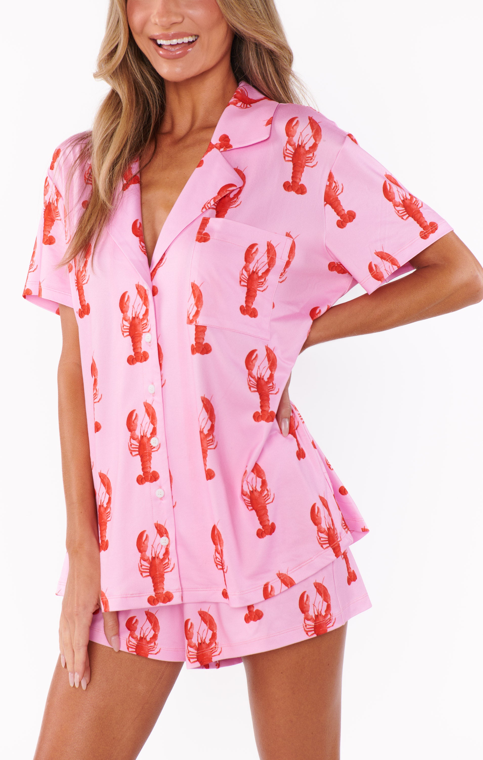 Women's Pink Lobster Print PJ Set - Button Down Top & Shorts