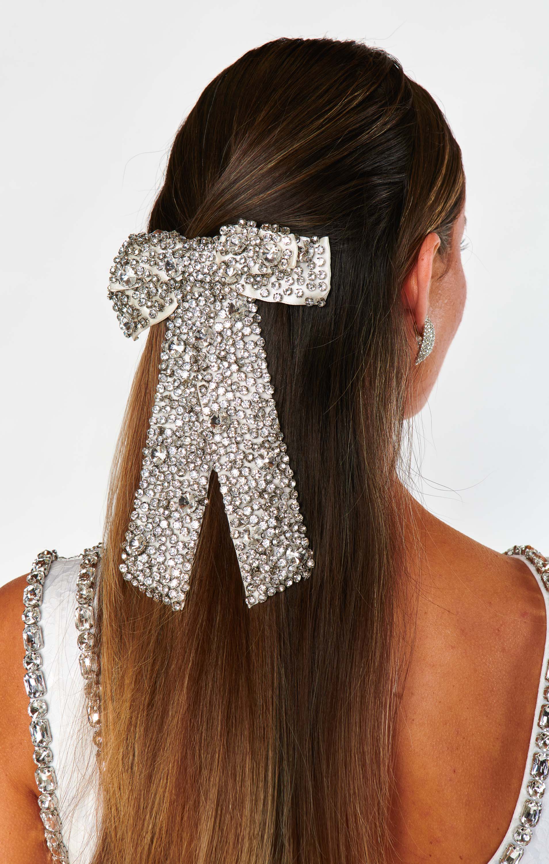 Silver Crystal Hair Bow Clip – Sparkly Hair Accessory for Women & Girls
