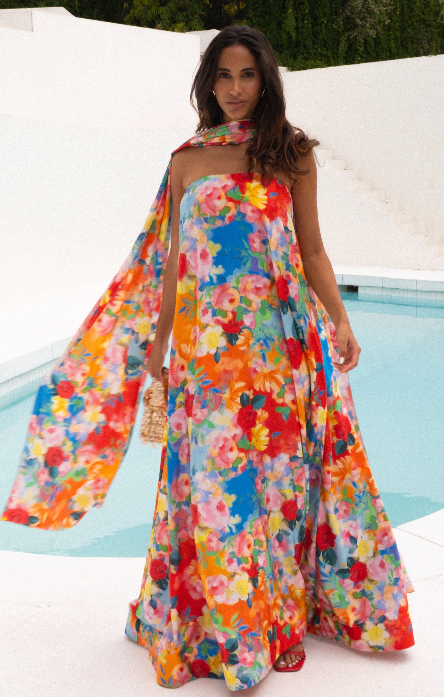 Sunset Garden Gala Strapless Tube Dress with Scarf