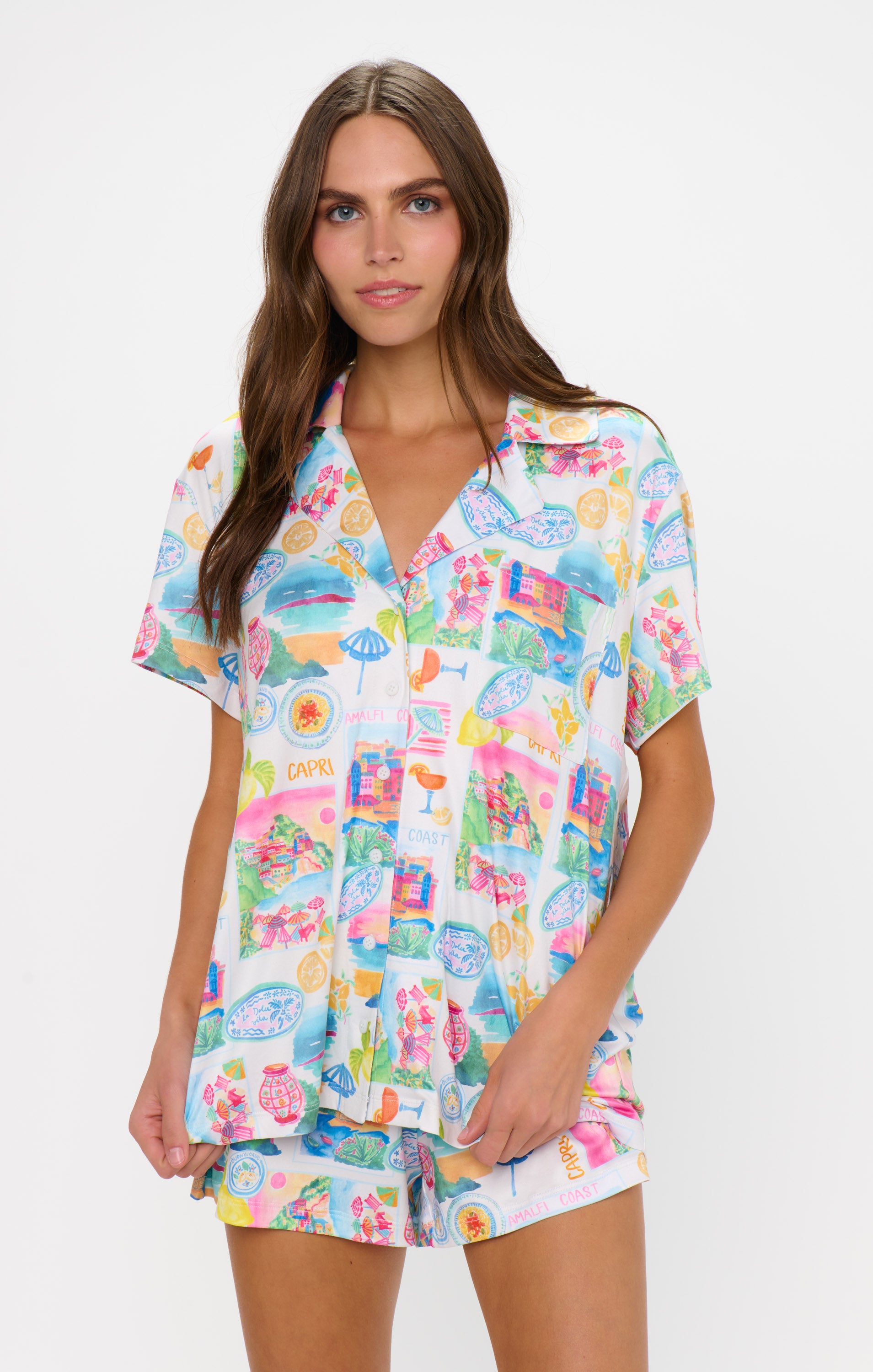 Women's Amalfi Coast Jersey Pajama Set - Button Down Top & Shorts