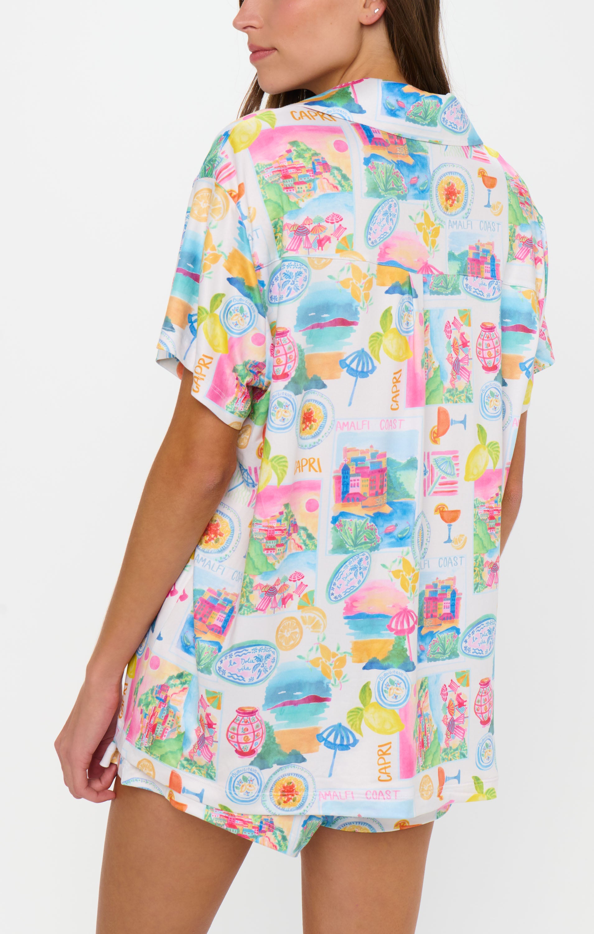 Women's Amalfi Coast Jersey Pajama Set - Button Down Top & Shorts