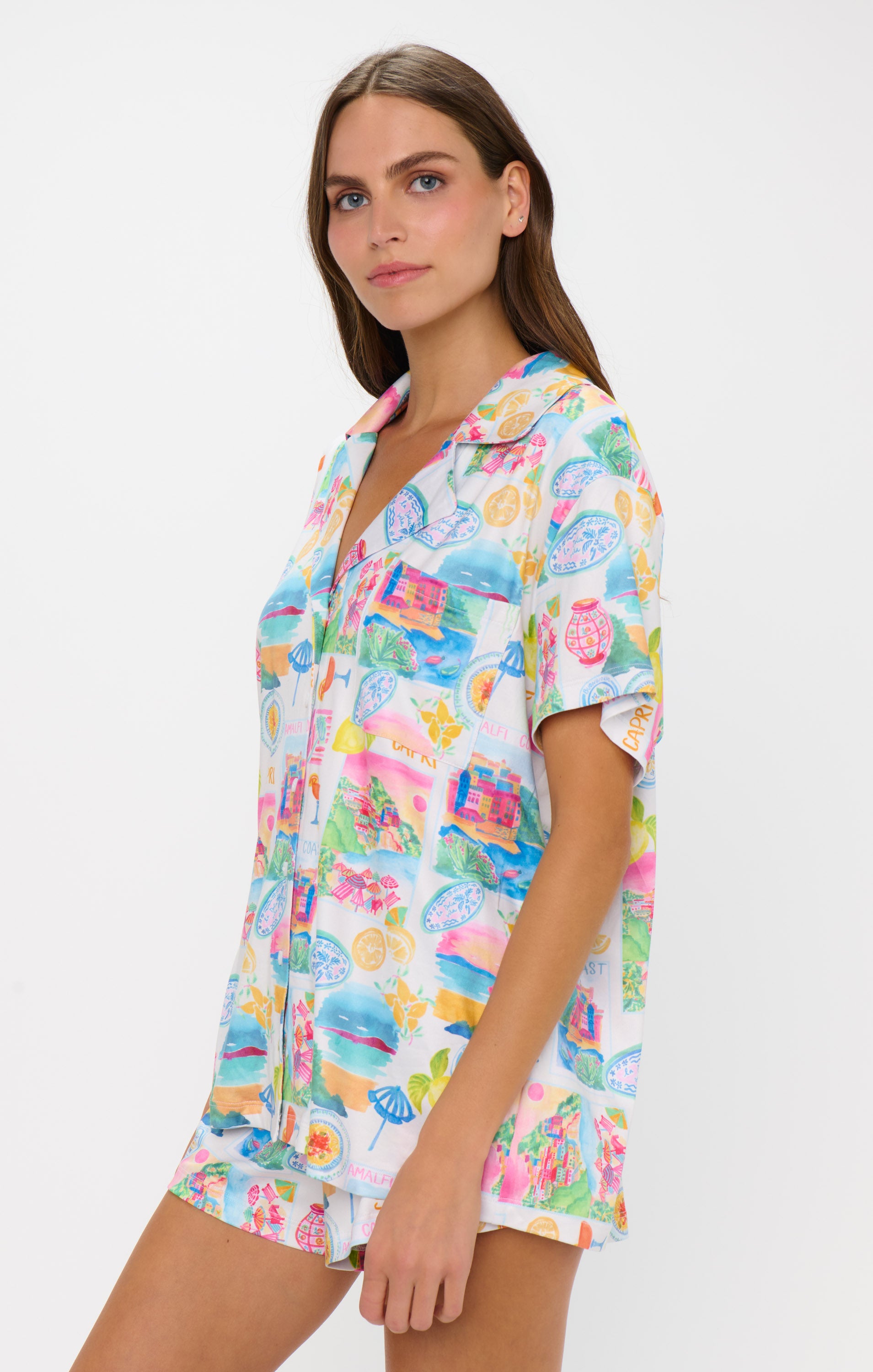 Women's Amalfi Coast Jersey Pajama Set - Button Down Top & Shorts