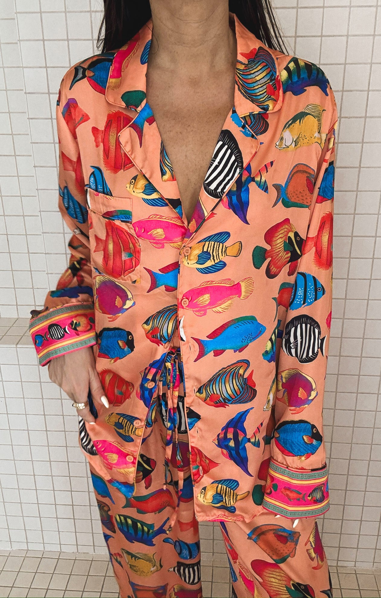 Tropical Fish Print Silky Pajama Set - Coral Rainbow Reef