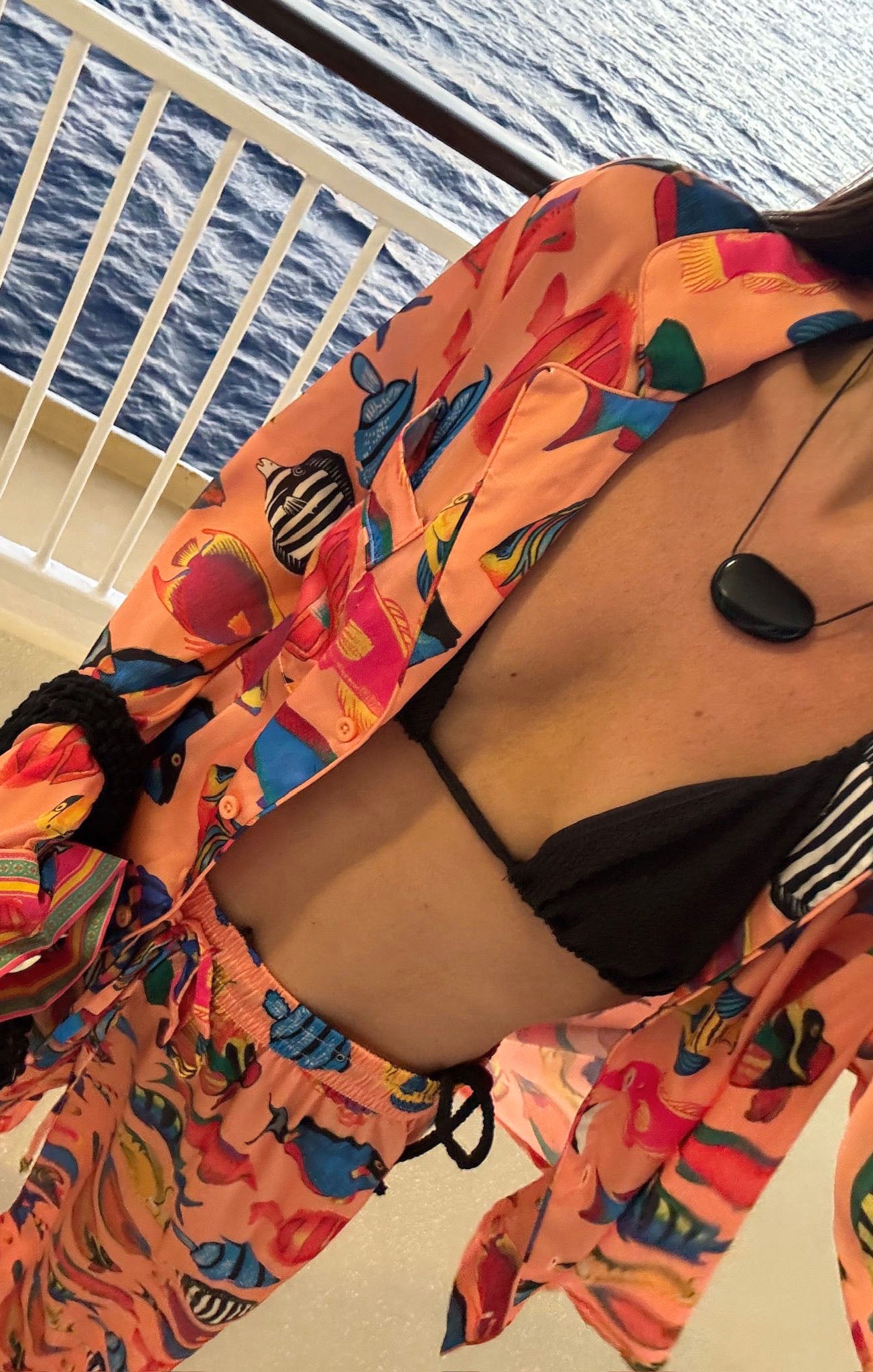 Tropical Fish Print Silky Pajama Set - Coral Rainbow Reef
