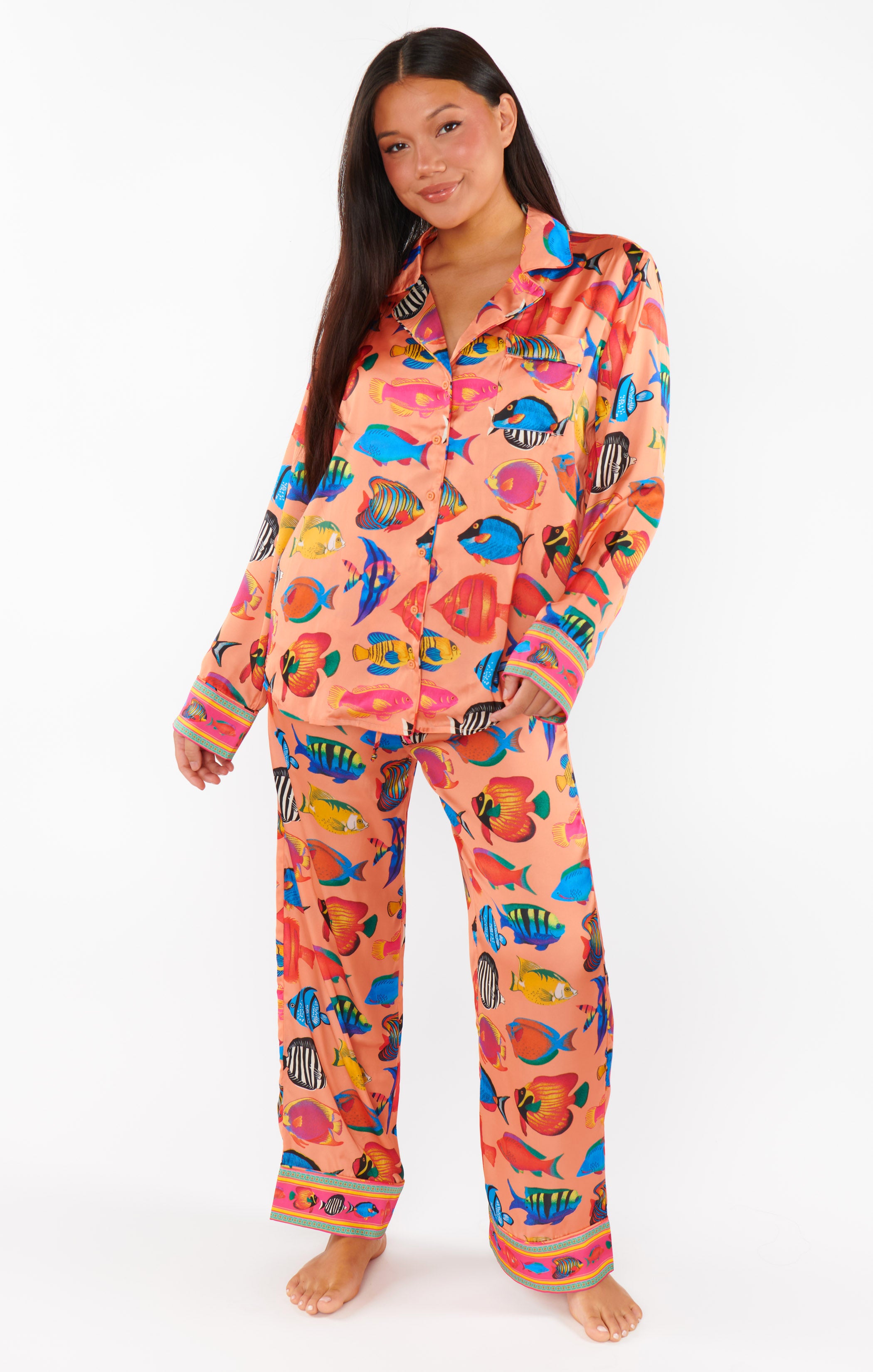 Tropical Fish Print Silky Pajama Set - Coral Rainbow Reef