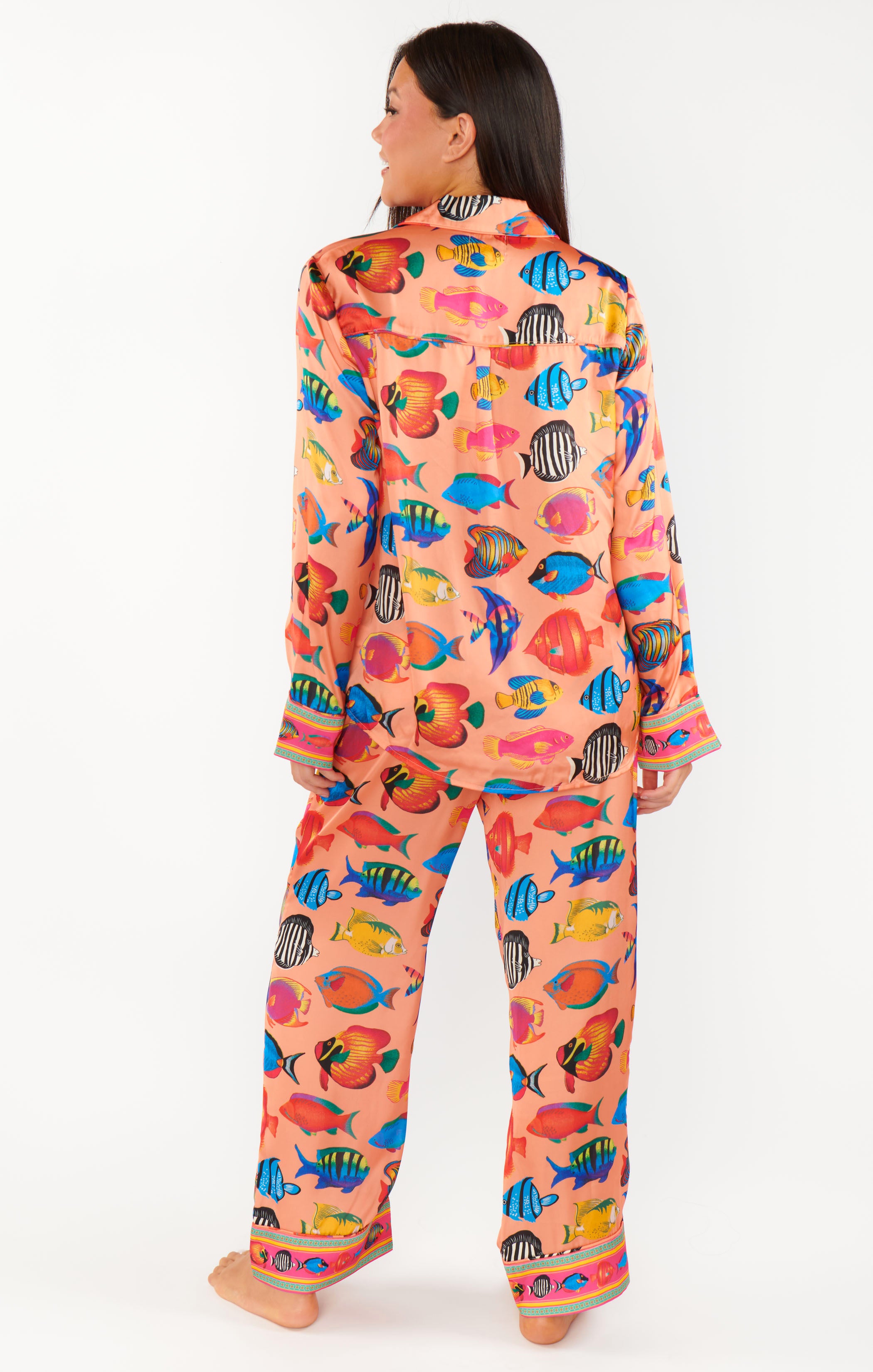 Tropical Fish Print Silky Pajama Set - Coral Rainbow Reef