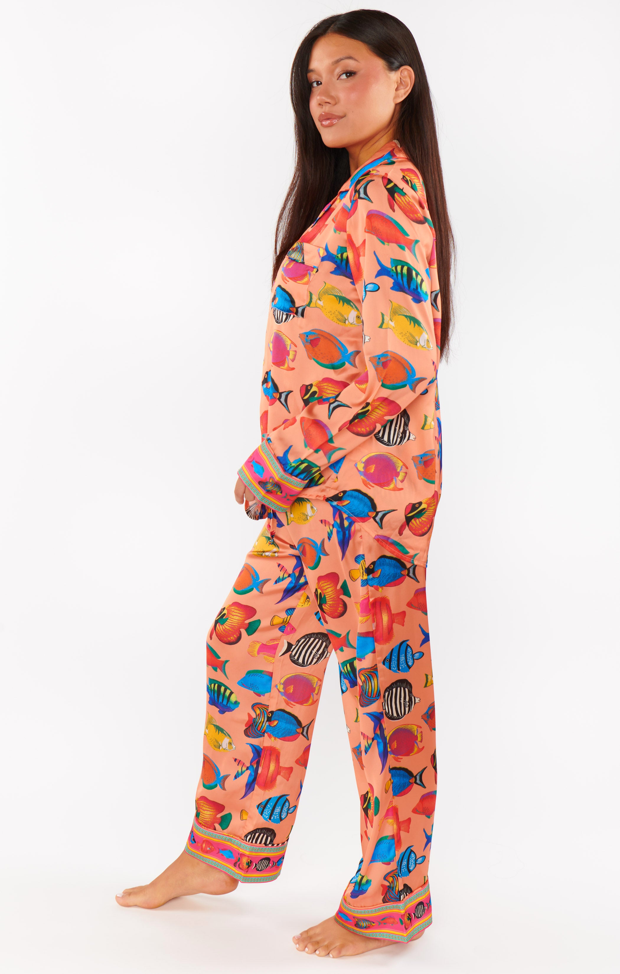 Tropical Fish Print Silky Pajama Set - Coral Rainbow Reef