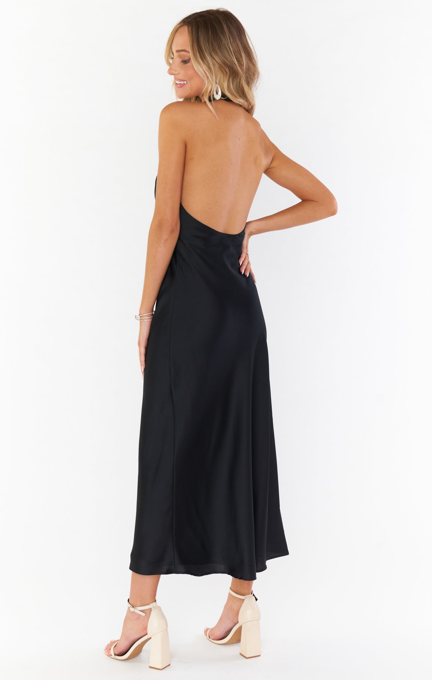 Jasmine Halter Midi Dress in Black Luxe Satin for Special Occasions