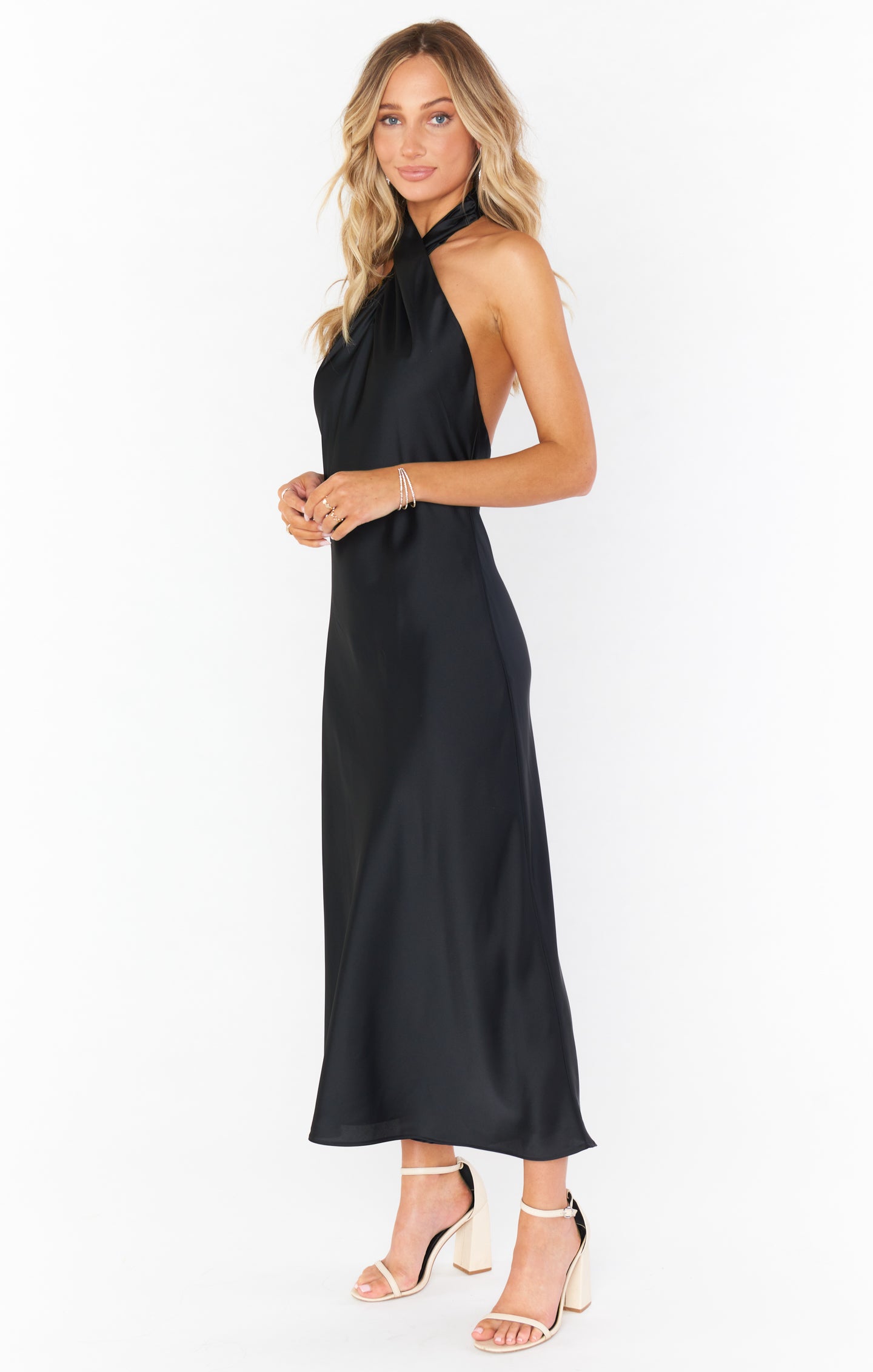 Jasmine Halter Midi Dress in Black Luxe Satin for Special Occasions